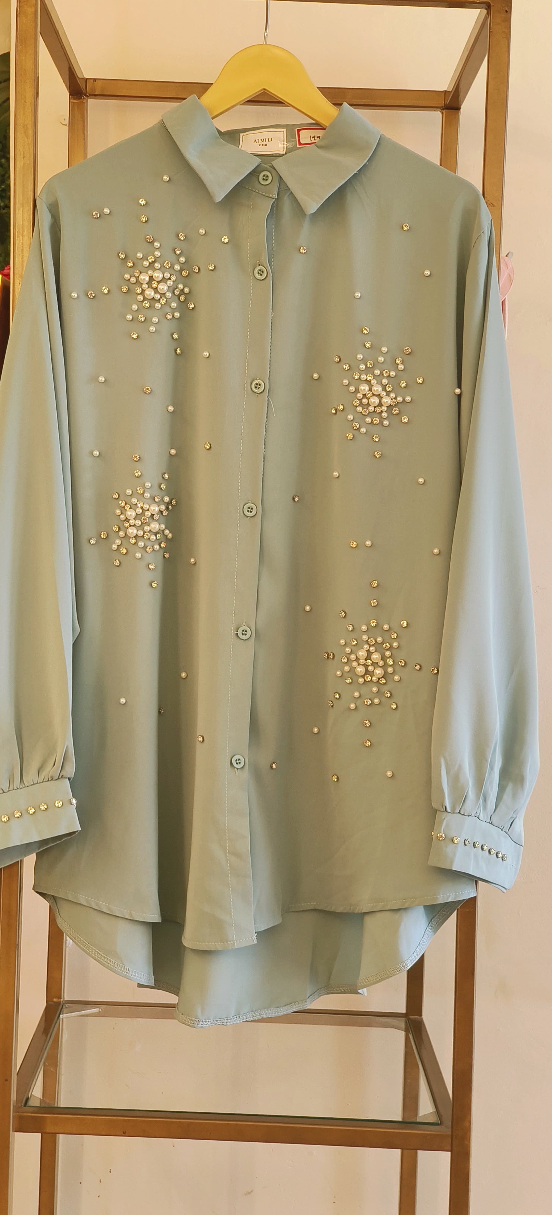 Stylish Oversize Pearl Embroidered Imported Shirt-