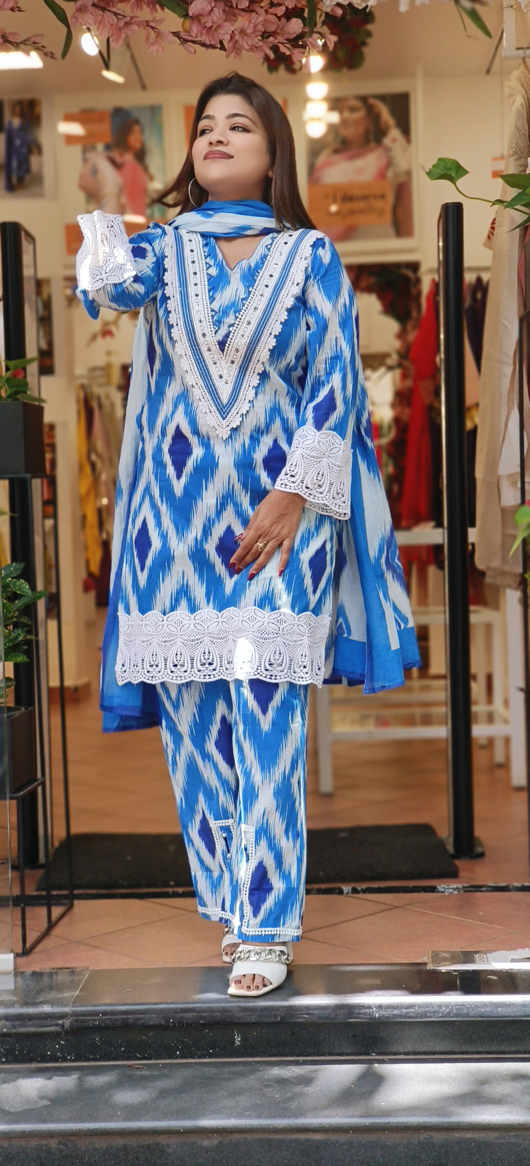 Pakistani Stylish Blue Ikkat Print Cotton  Full Suit Set with Stylish Pant And Dupatta-06502