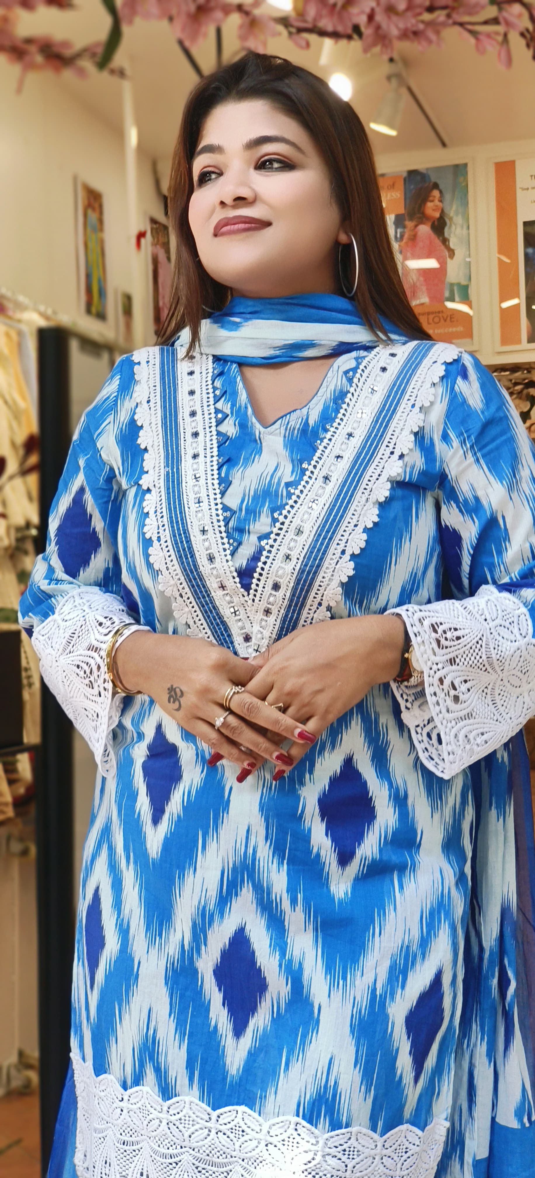 Pakistani Stylish Blue Ikkat Print Cotton  Full Suit Set with Stylish Pant And Dupatta-06502