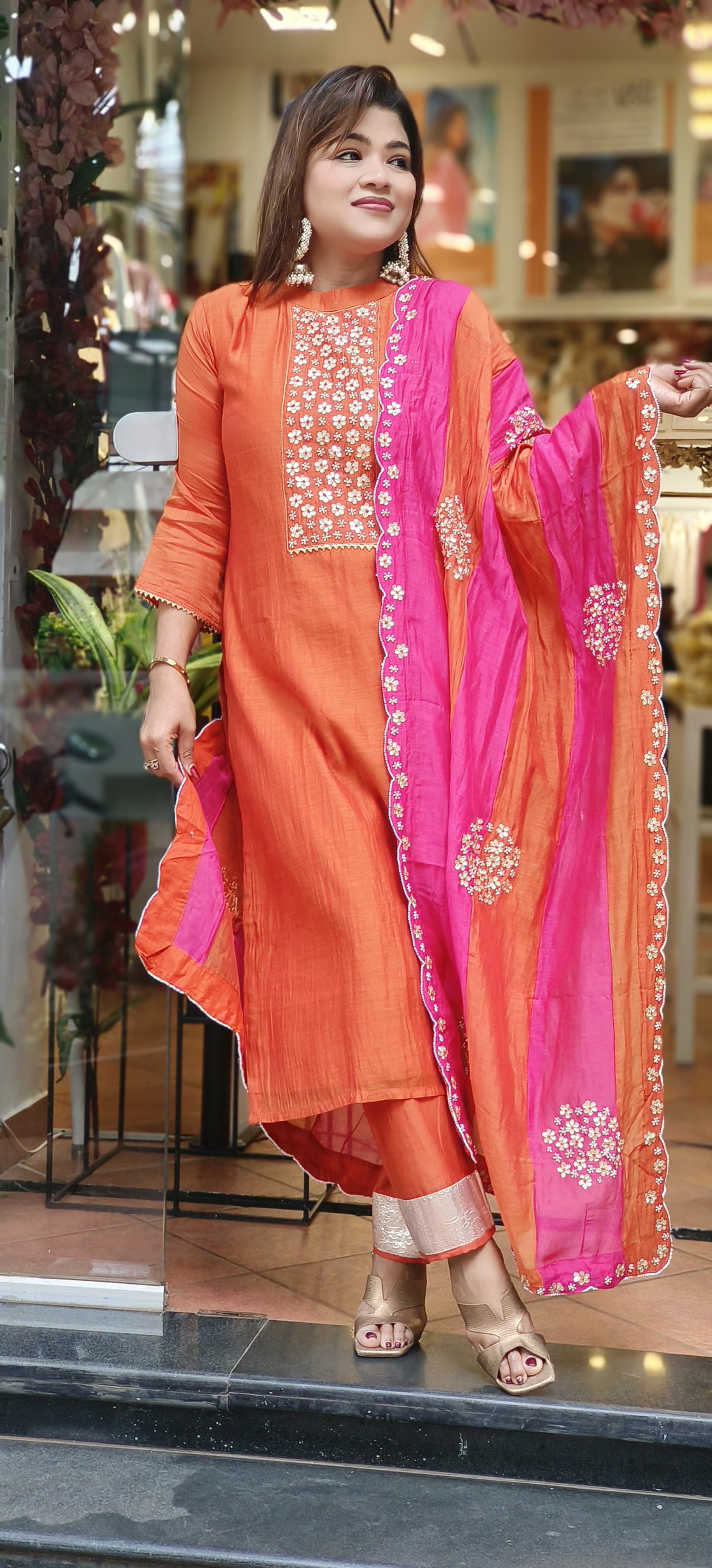 Beautiful Pure Chanderi Pearl Gotta Embroidered Full Suit with Embroidered scalap Dupatta