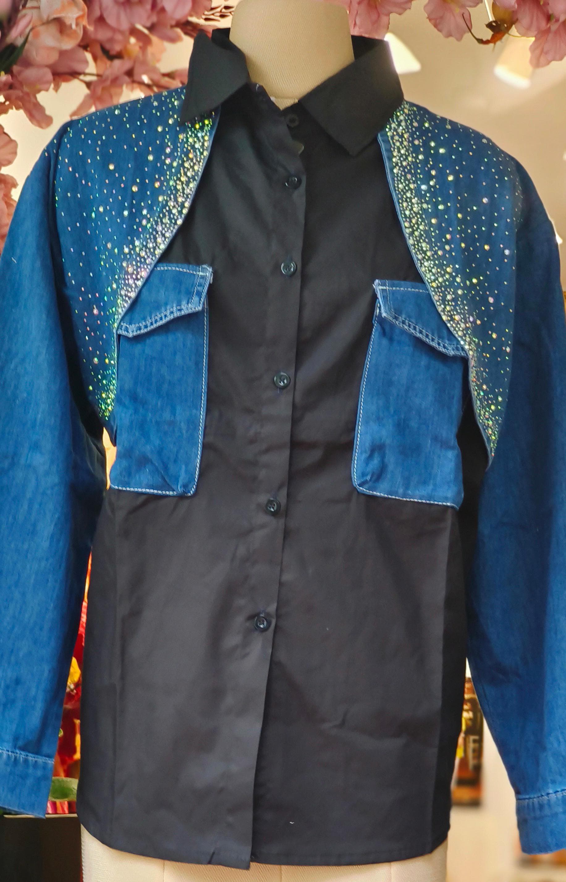 Denim Imported stylish stone Embroidered western Collar Shirt