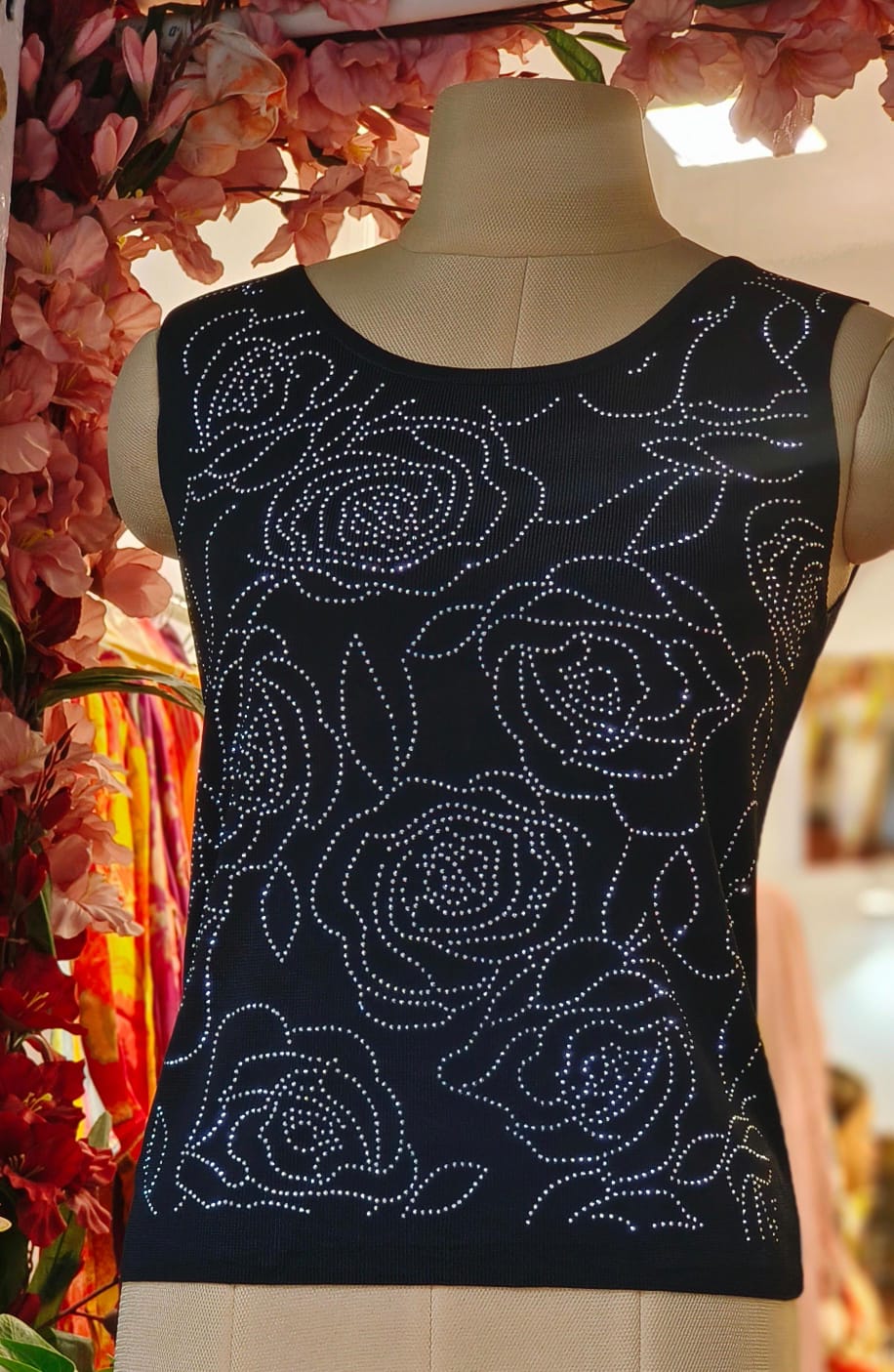 Imported Stretchable Rose stone work sleeveless top