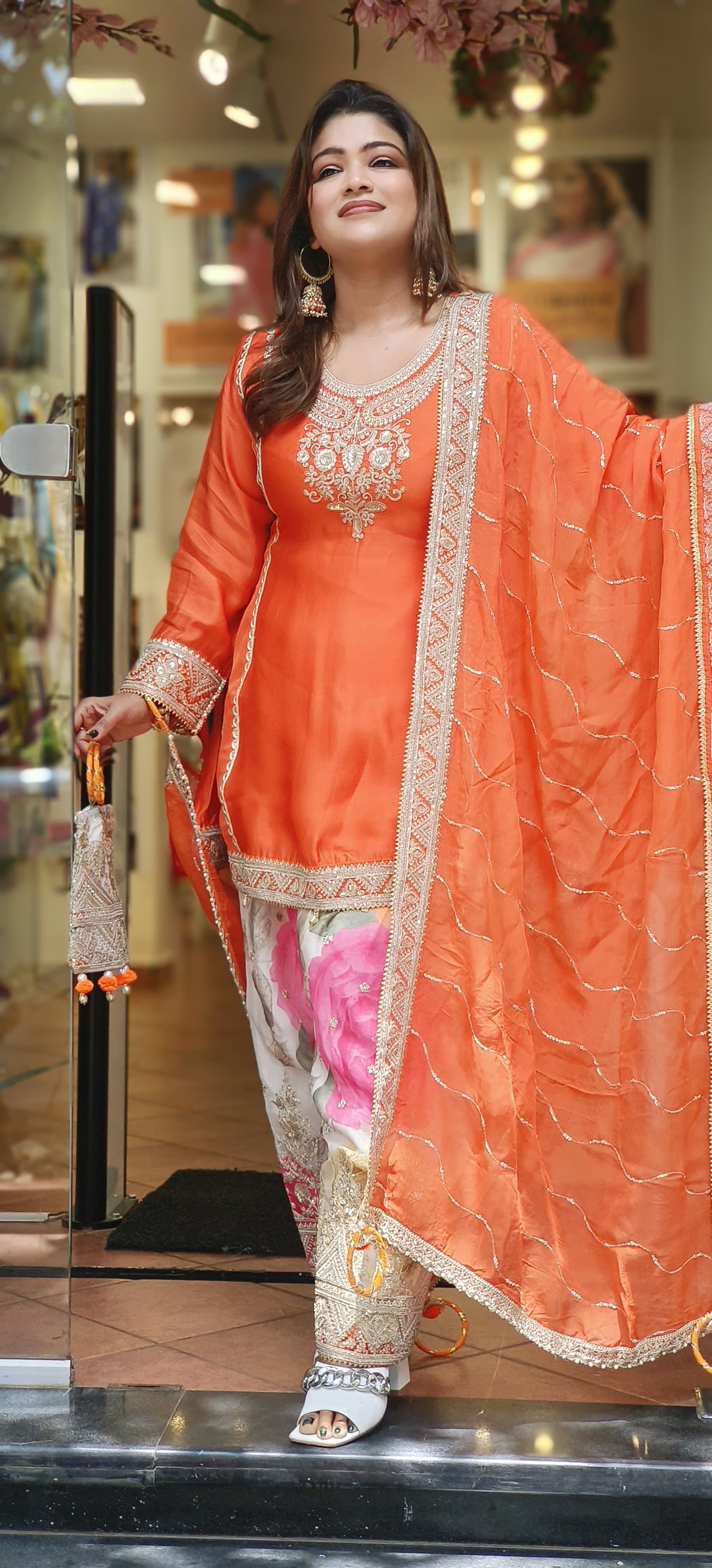 Stylish Party Wear Neck Embroidery A line Kurta With Flower Printed Salwar pant And Dupatta- With Bag-06525