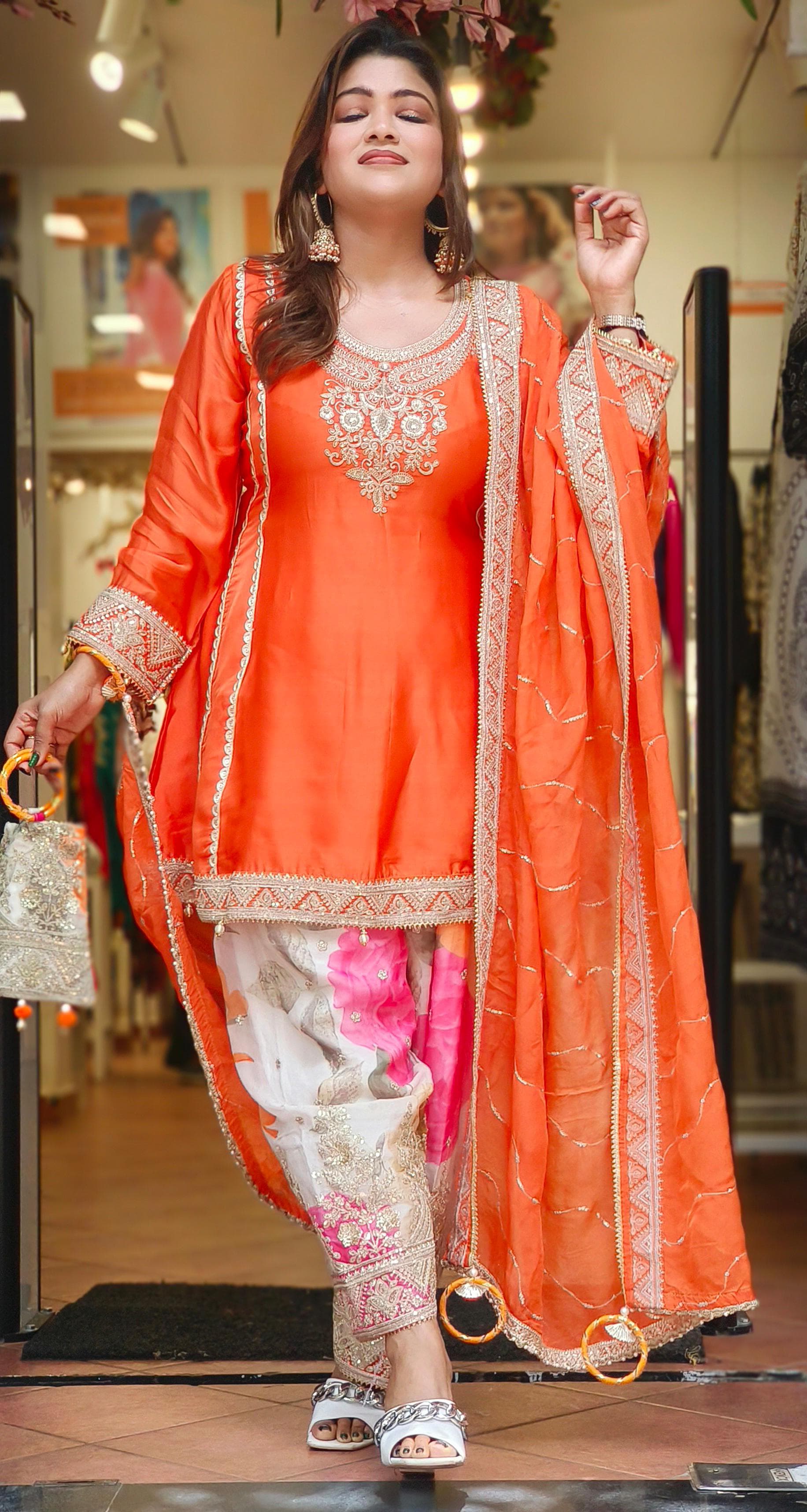 Stylish Party Wear Neck Embroidery A line Kurta With Flower Printed Salwar pant And Dupatta- With Bag-06525