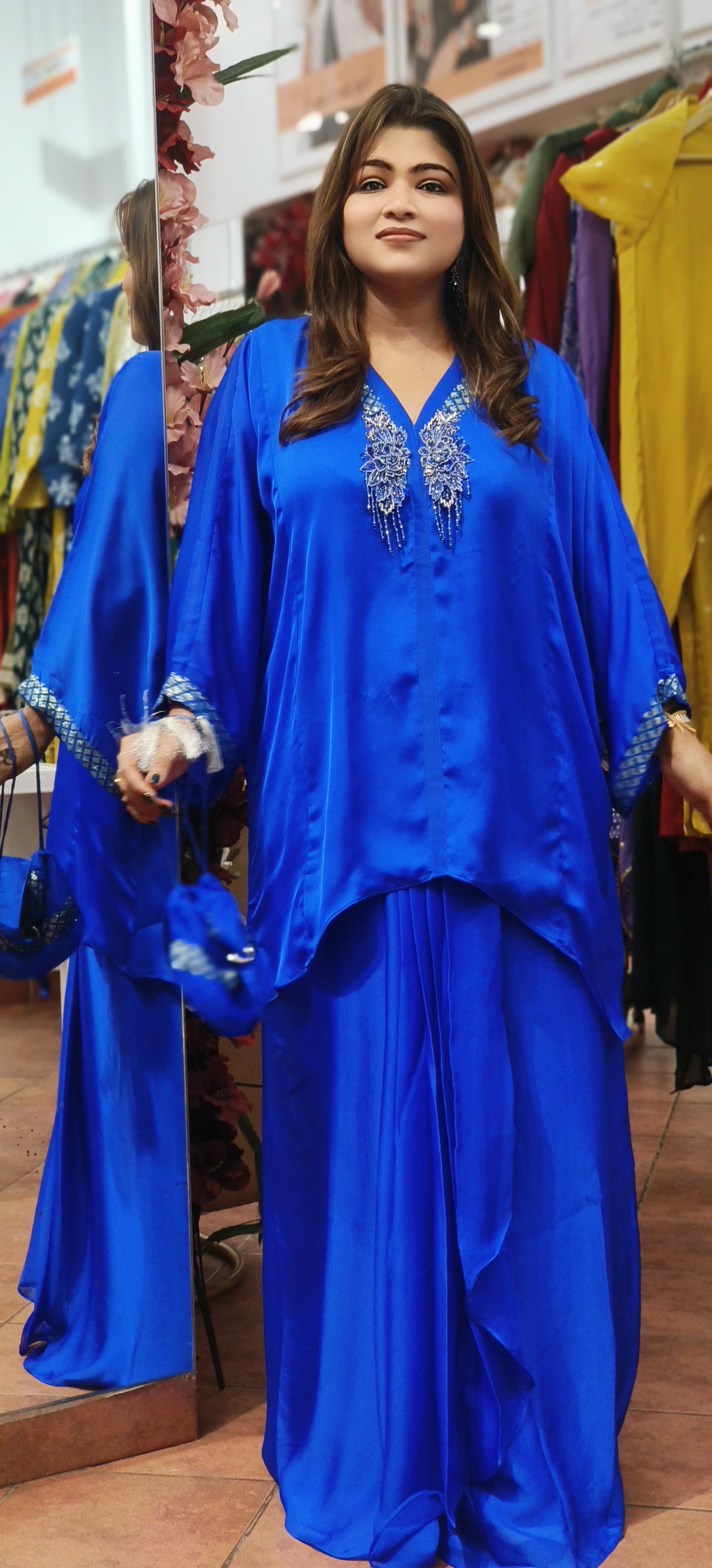 Electric Blue Indowestern Party Wear Pure Satin Oversize kaftan with stylish Skirt