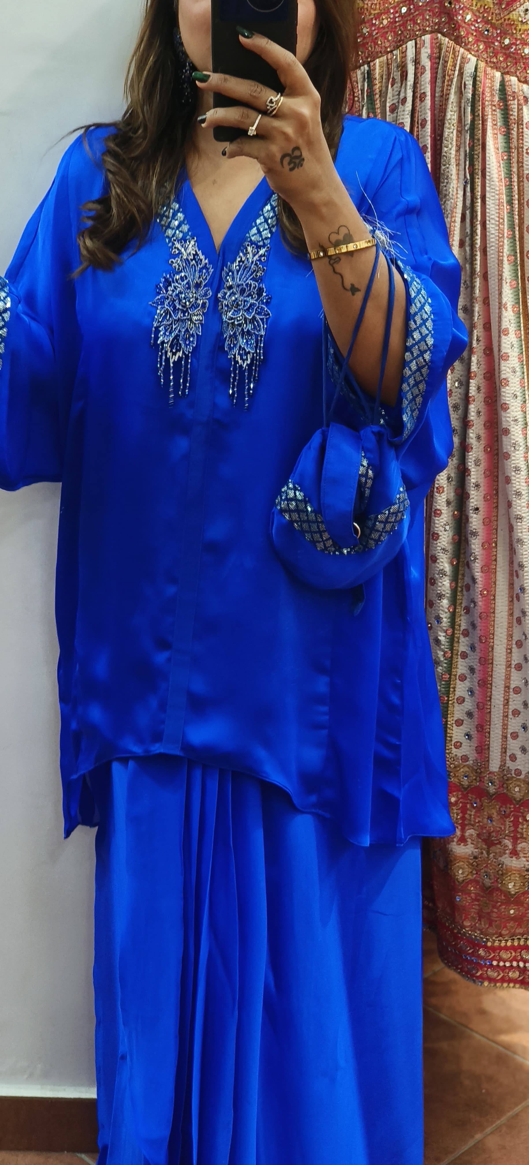 Electric Blue Indowestern Party Wear Pure Satin Oversize kaftan with stylish Skirt