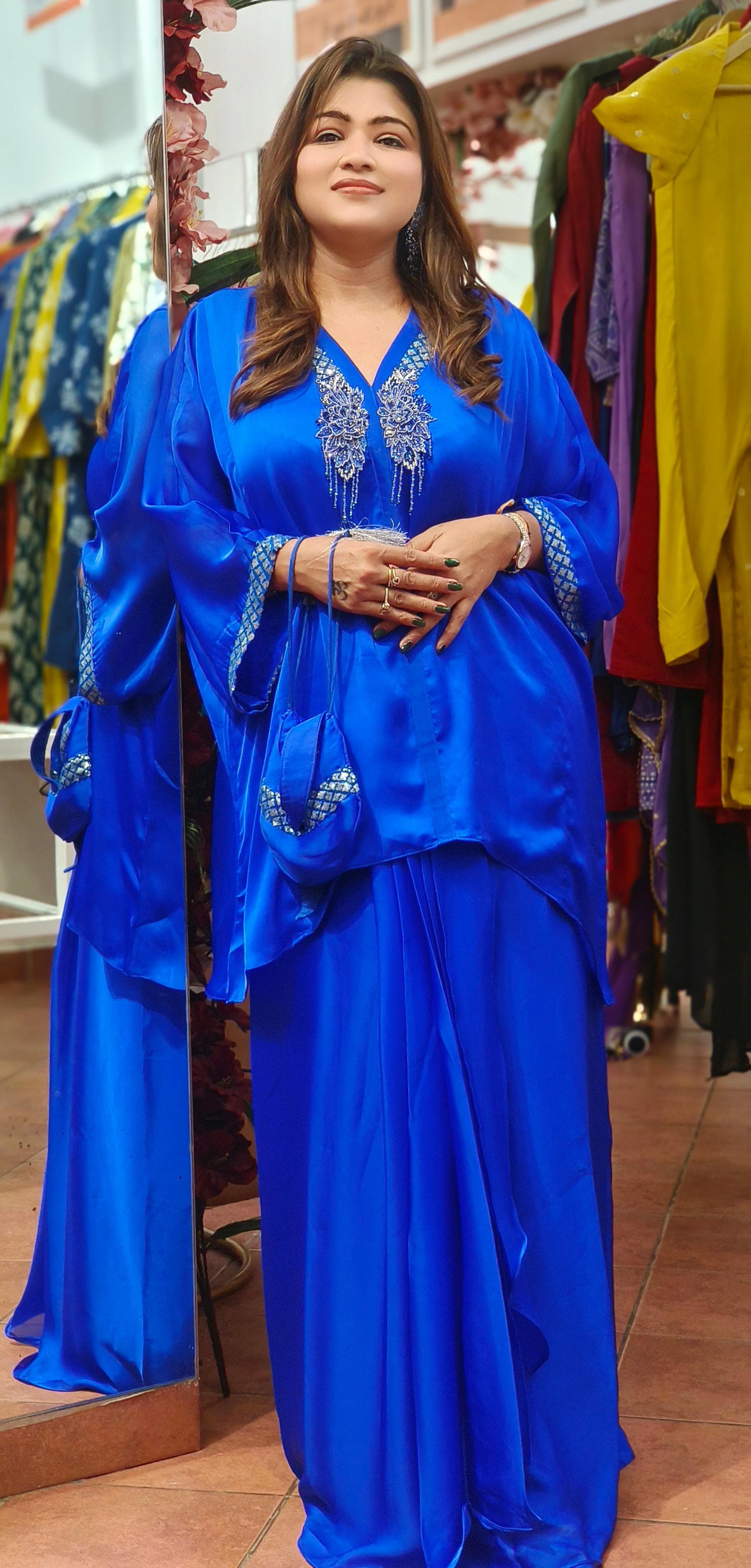 Electric Blue Indowestern Party Wear Pure Satin Oversize kaftan with stylish Skirt