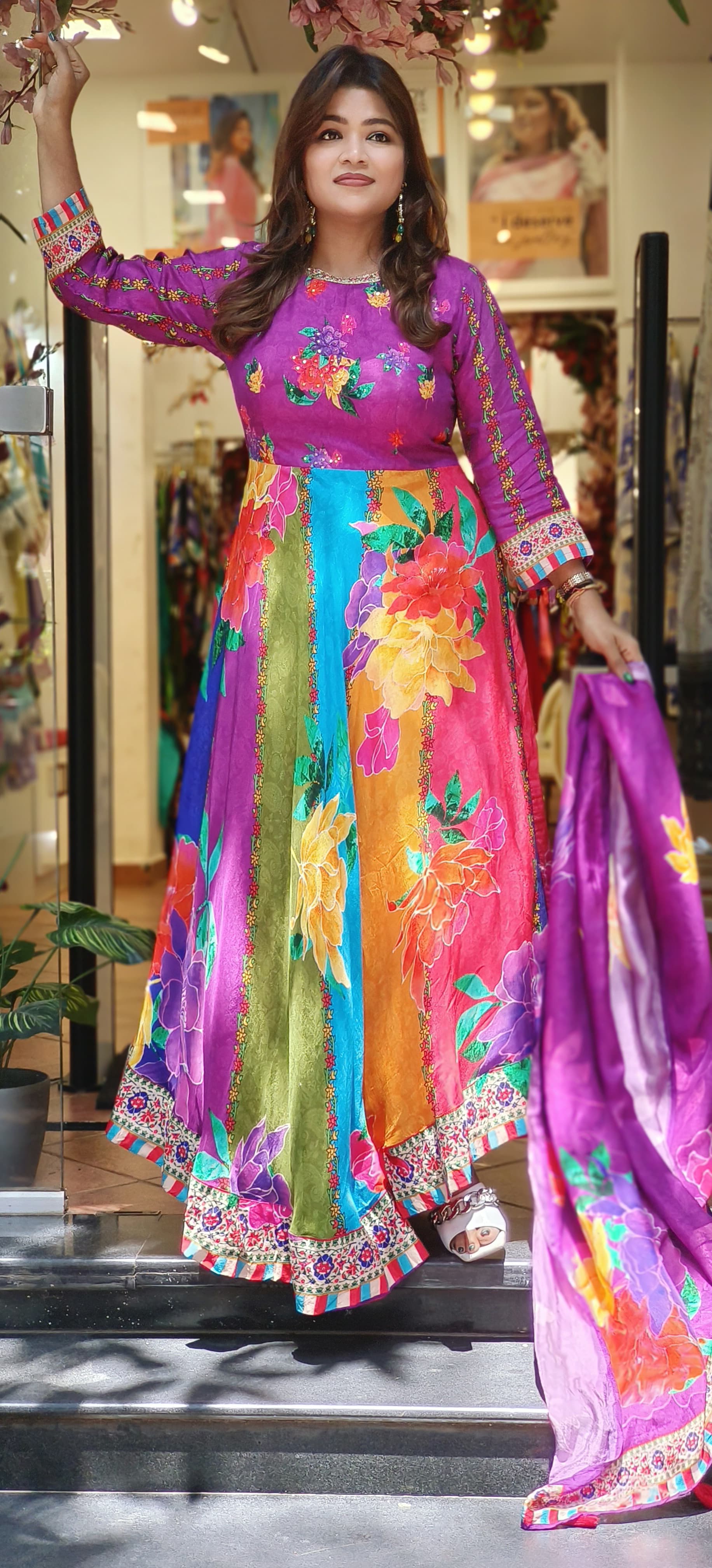 Beautiful Maslin High and low Anarkali Gown with Printed Muslin Dupatta