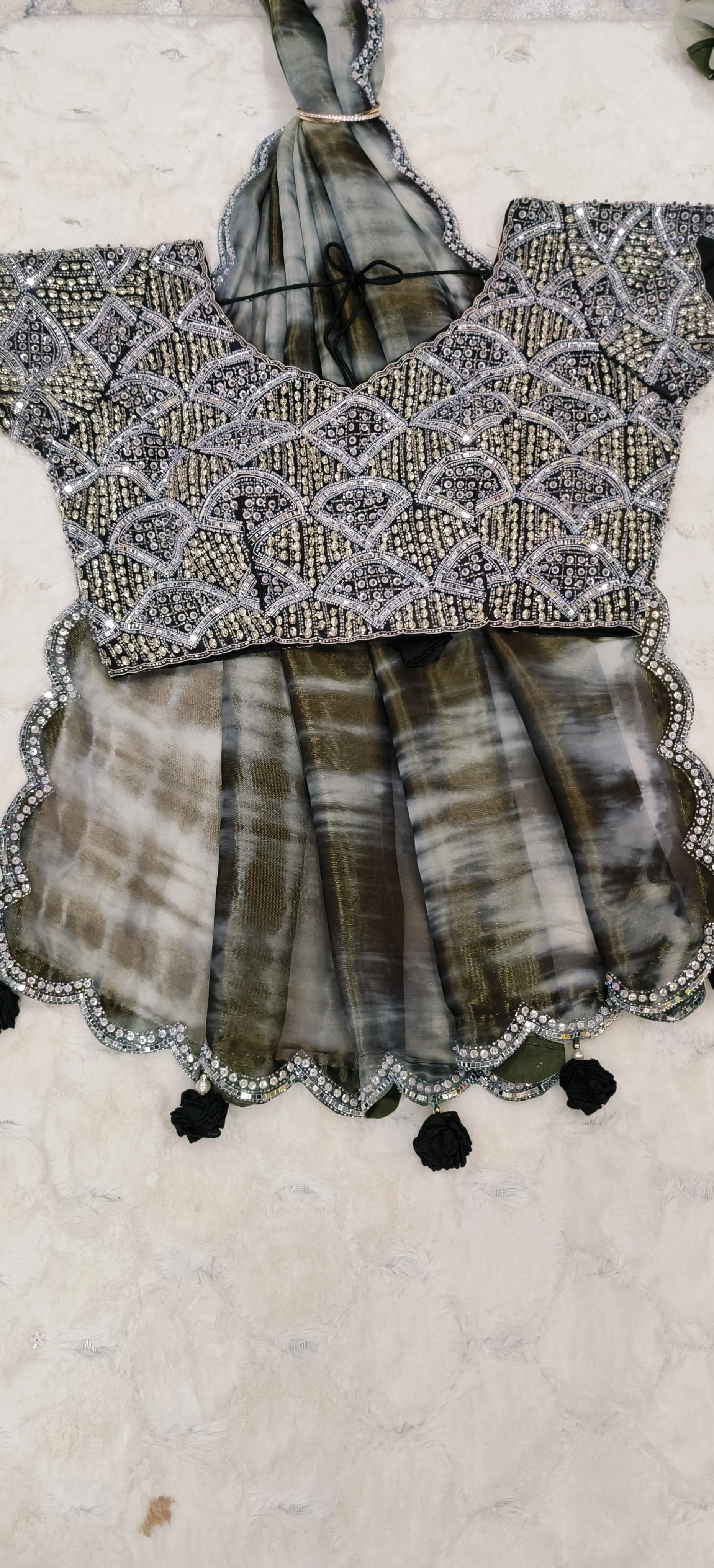 "Sophisticated Olive and Black Ombre Saree with Geometric Embellished Short Sleeves Blouse" DRYWASH-07000