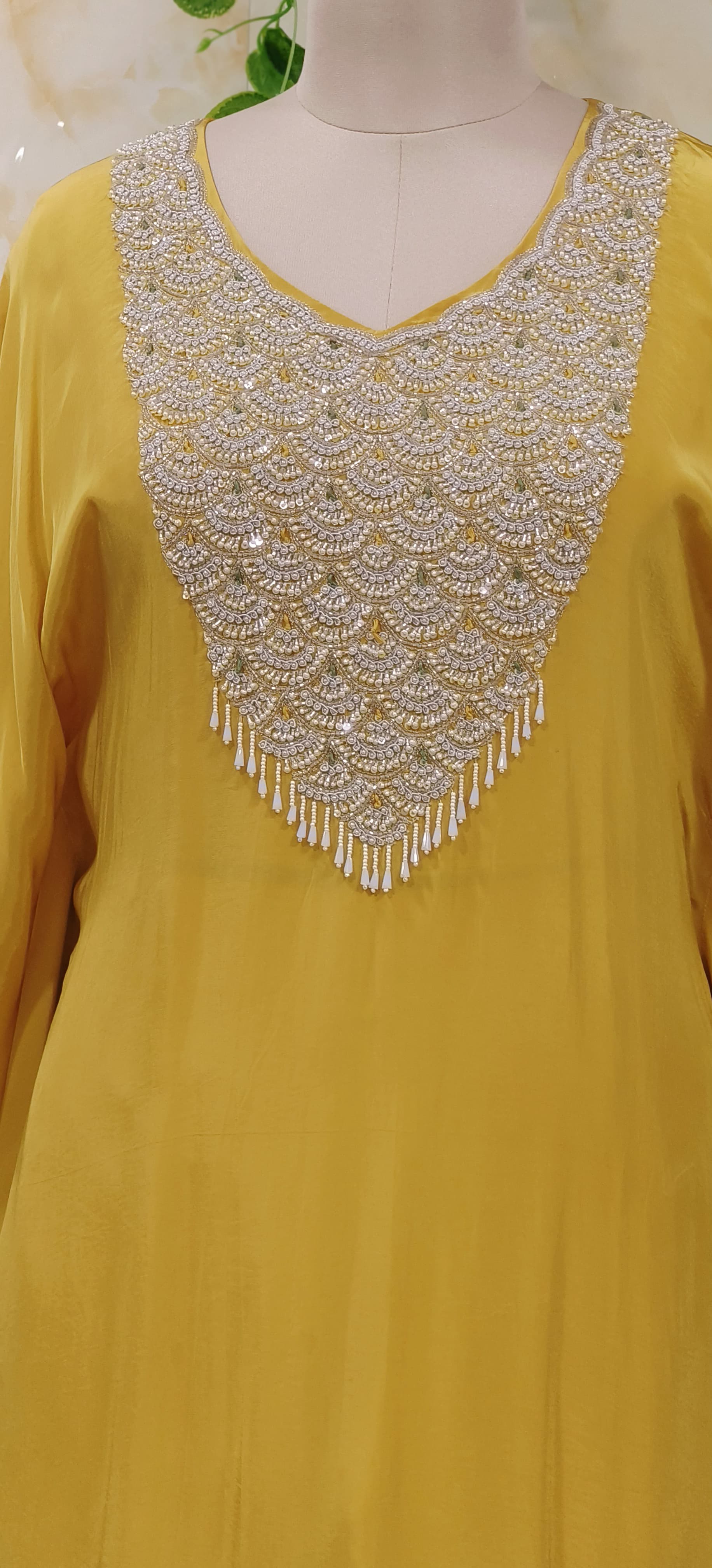 Yellow embroidered Crape Kaftan with inner and Pant -06740