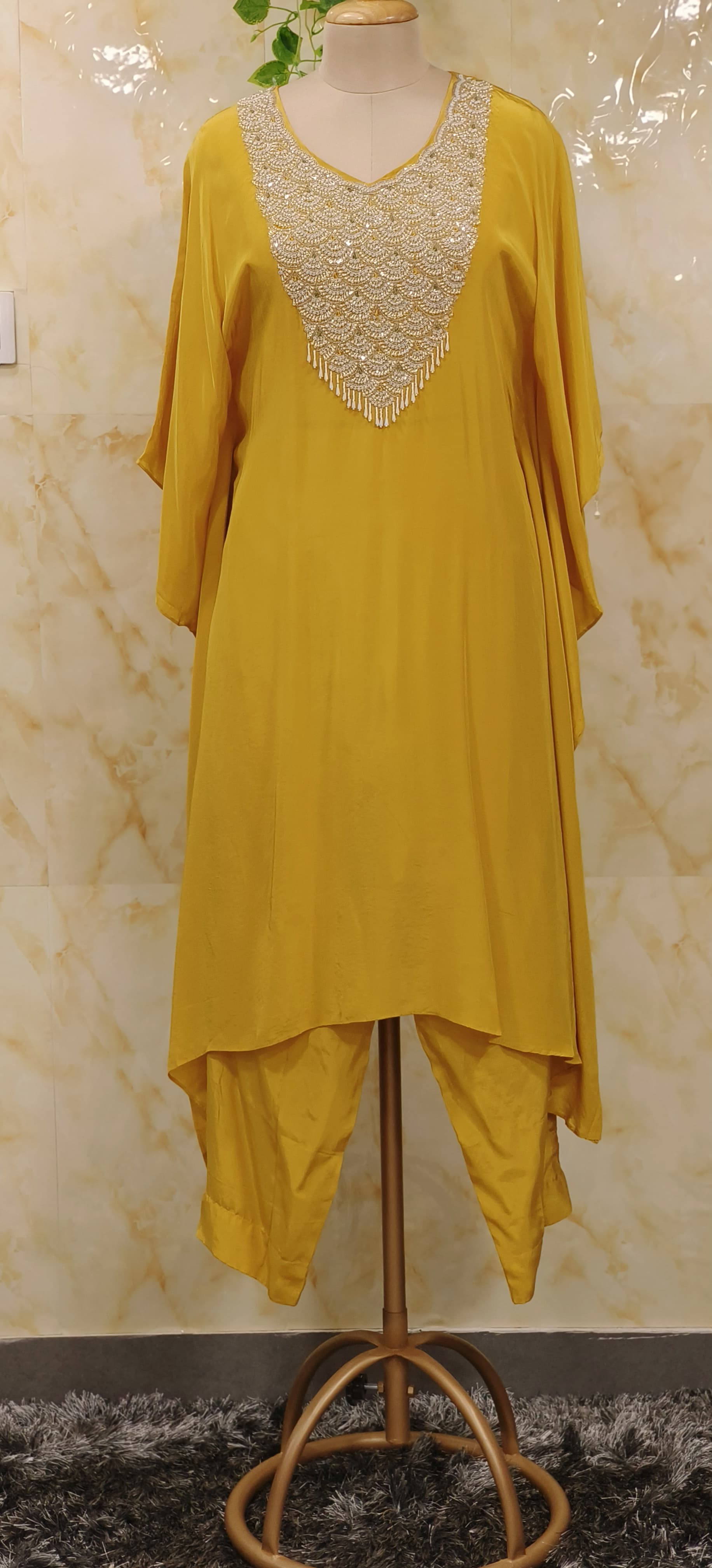 Yellow embroidered Crape Kaftan with inner and Pant -06740