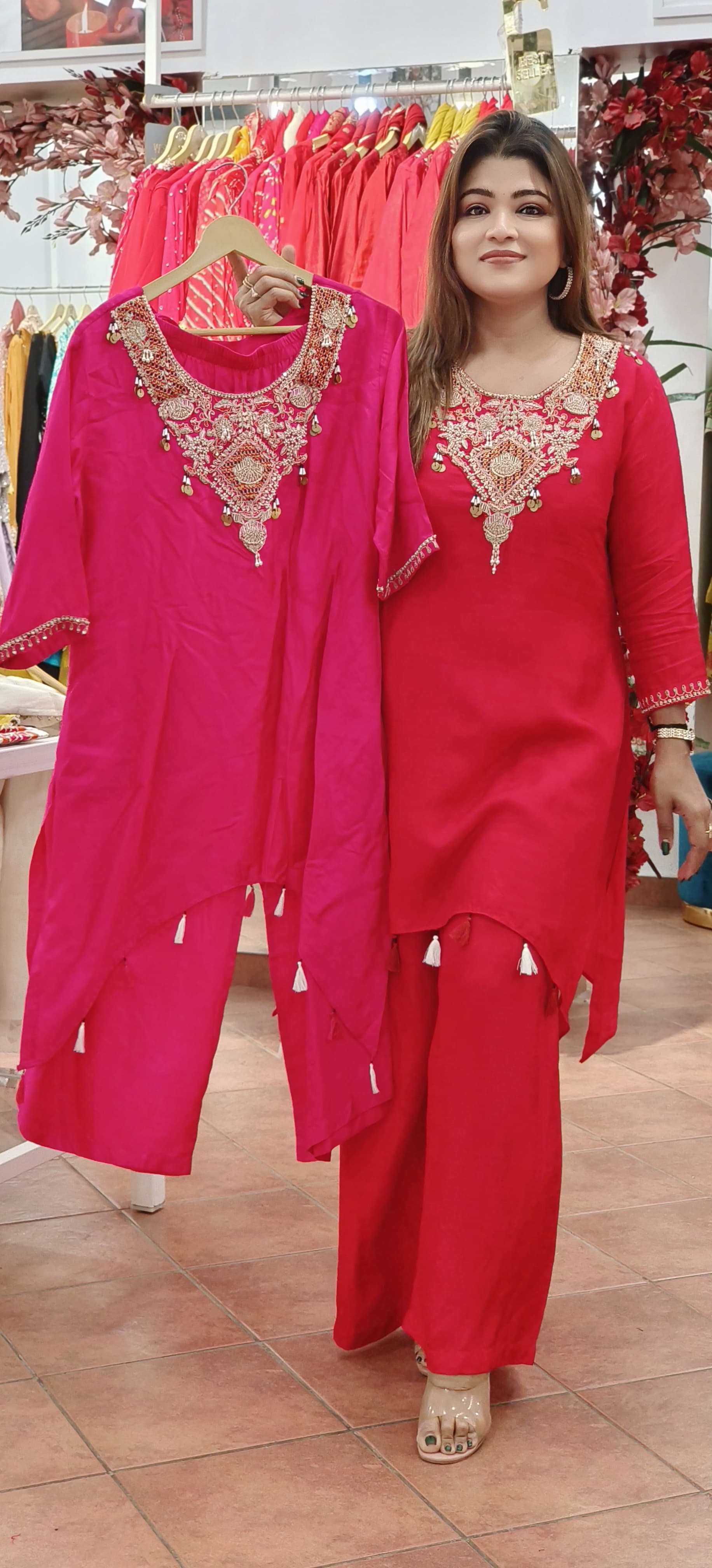 Embroidered High Low Silk Kurta With Loose Bottom -07072