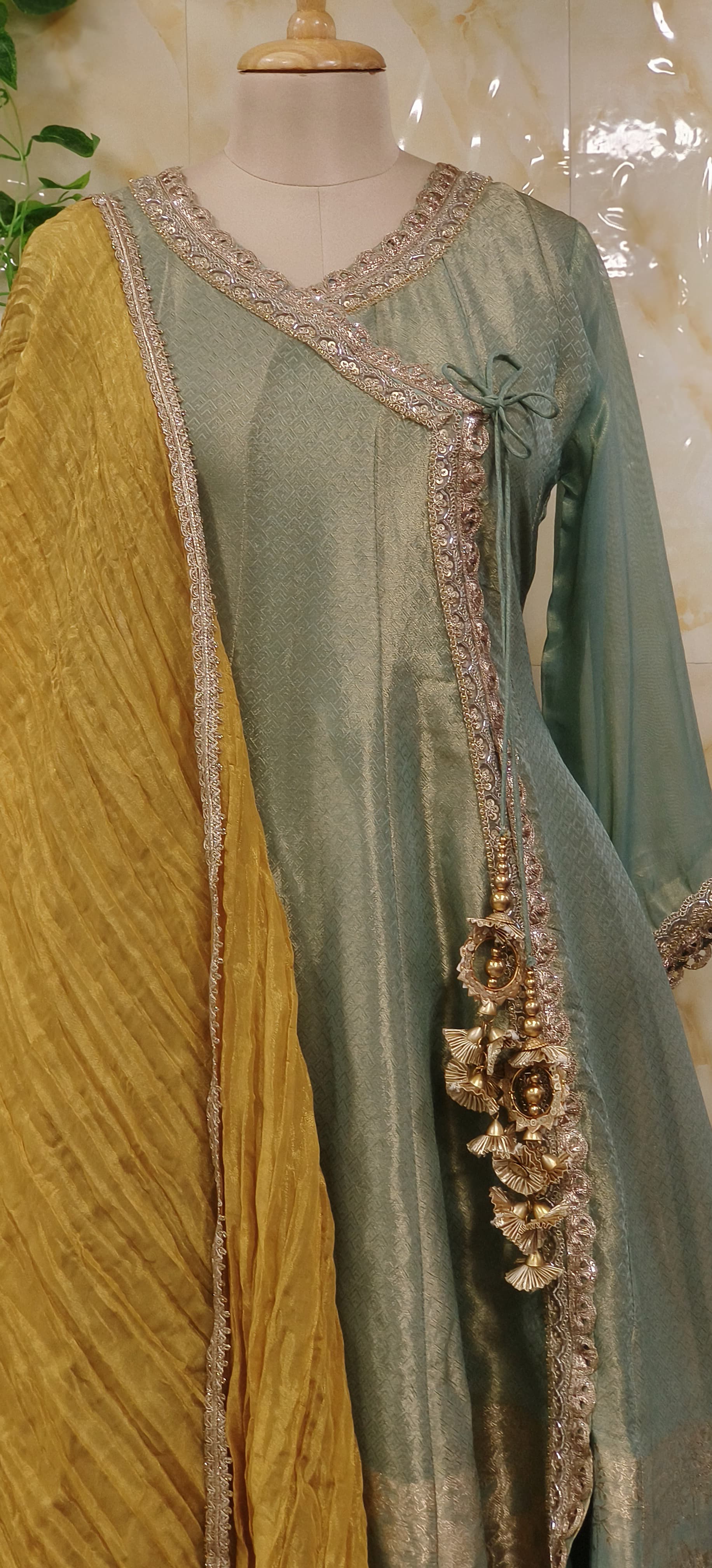 Designer Short Angrakha Pattern Anarkali Shimmer With Salwar Pants And Crushed Shimmer Dupatta