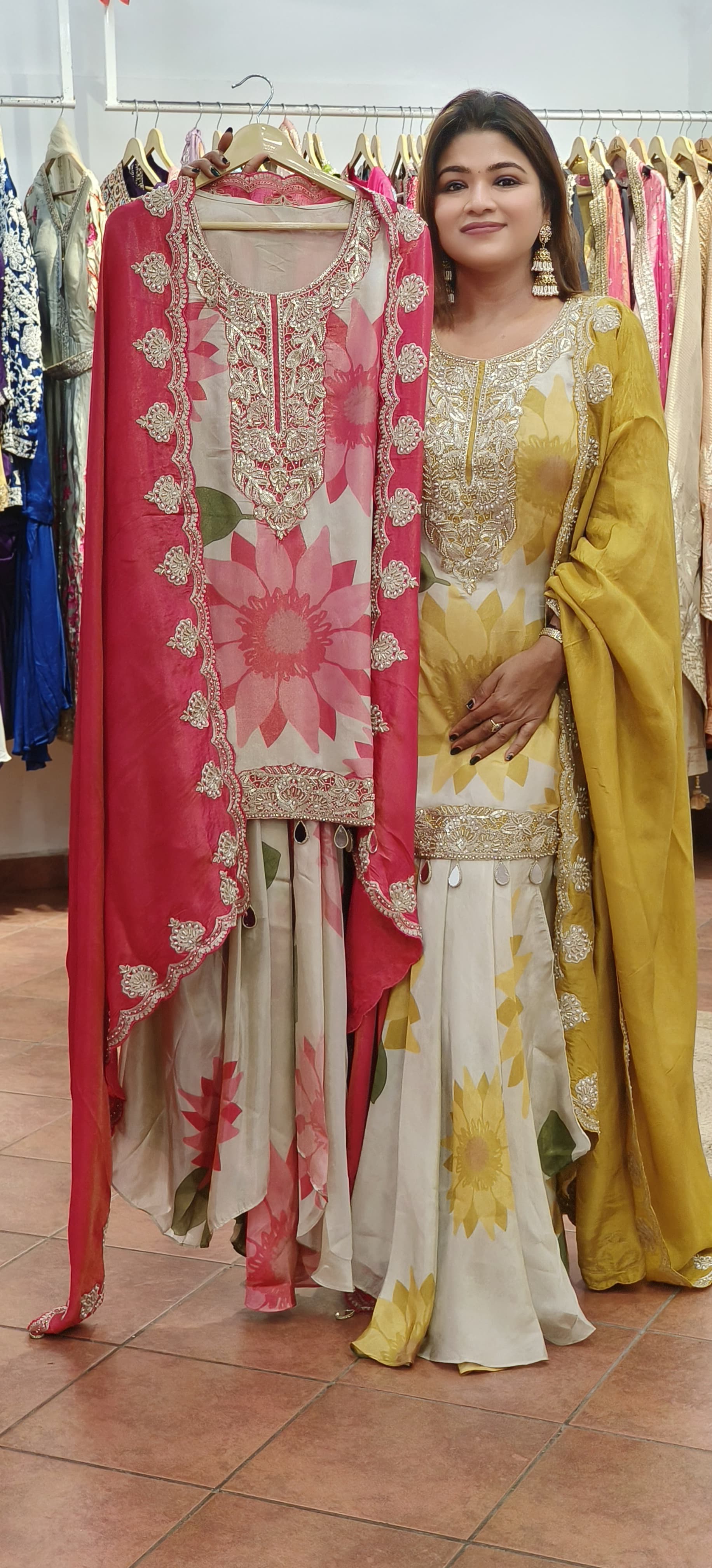 Beautiful Floral Simmer Tissue Sequence Embroidery Kurti and Dhoti Skirt With Heavy Dupatta-07279