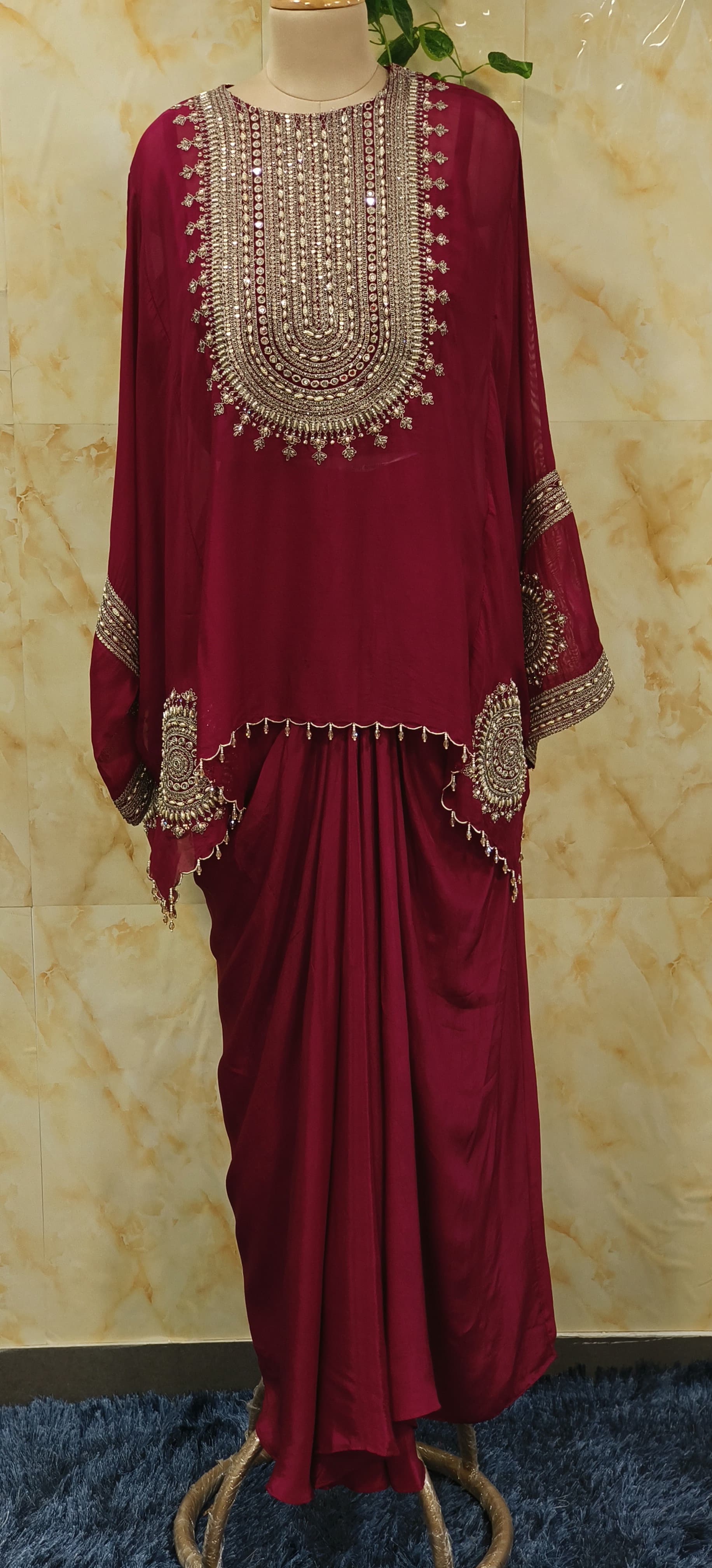 Stylish Party Wear Indo-western Dress with Padded Busters Drape Skirt And Embroidered Cape Style Top