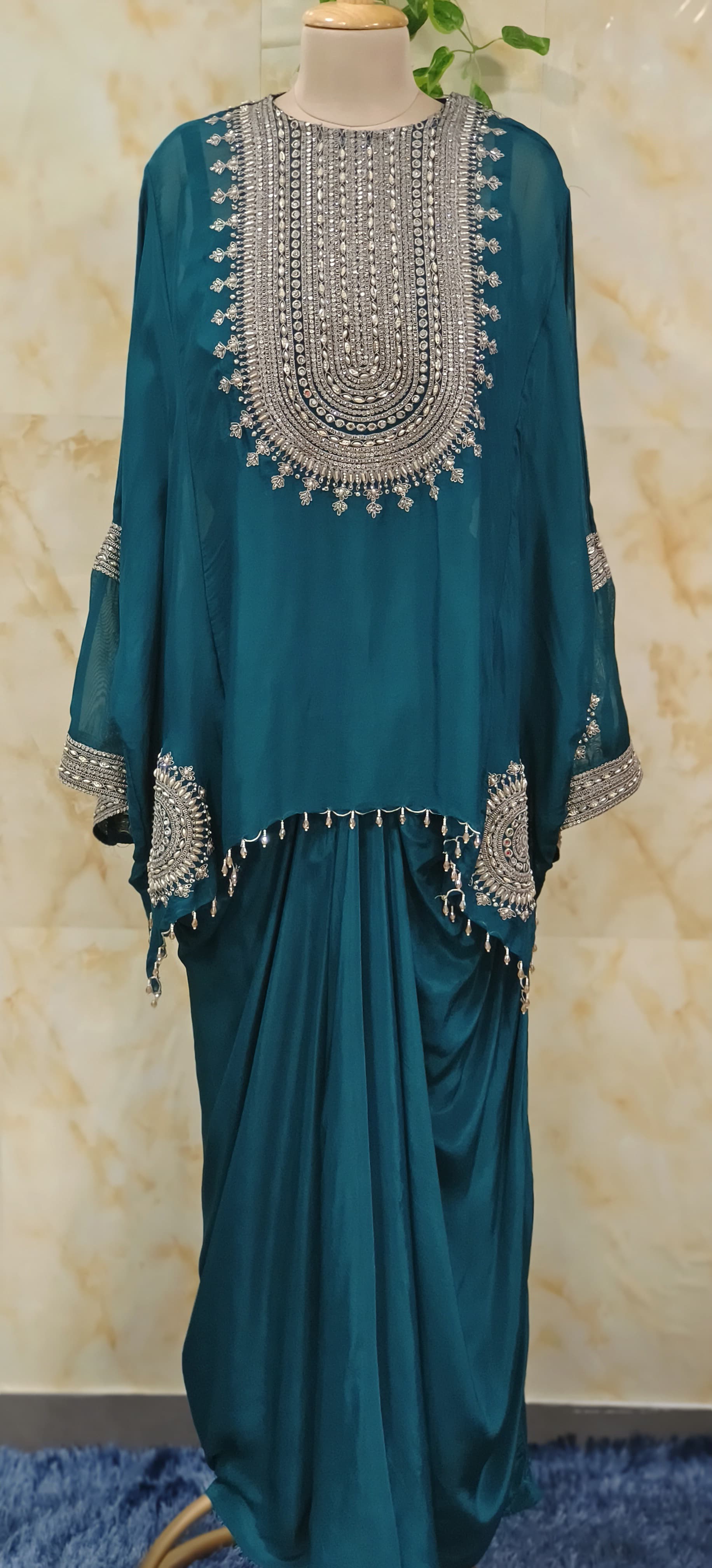 Stylish Party Wear Indo-western Dress with Padded Busters Drape Skirt And Embroidered Cape Style Top