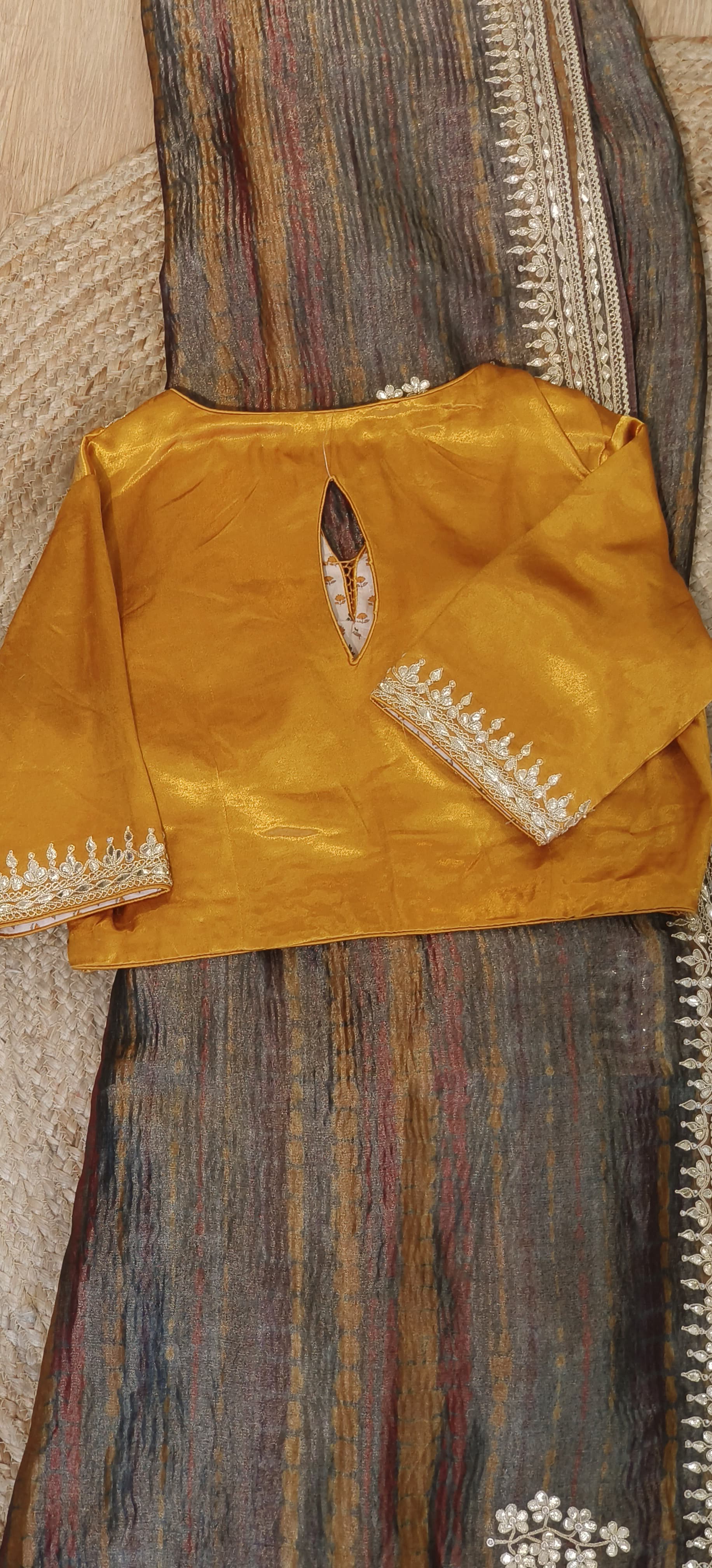 Pure Tissue Saree With Gotta Patti Border Work with Stitched Blouse DRYWASH-