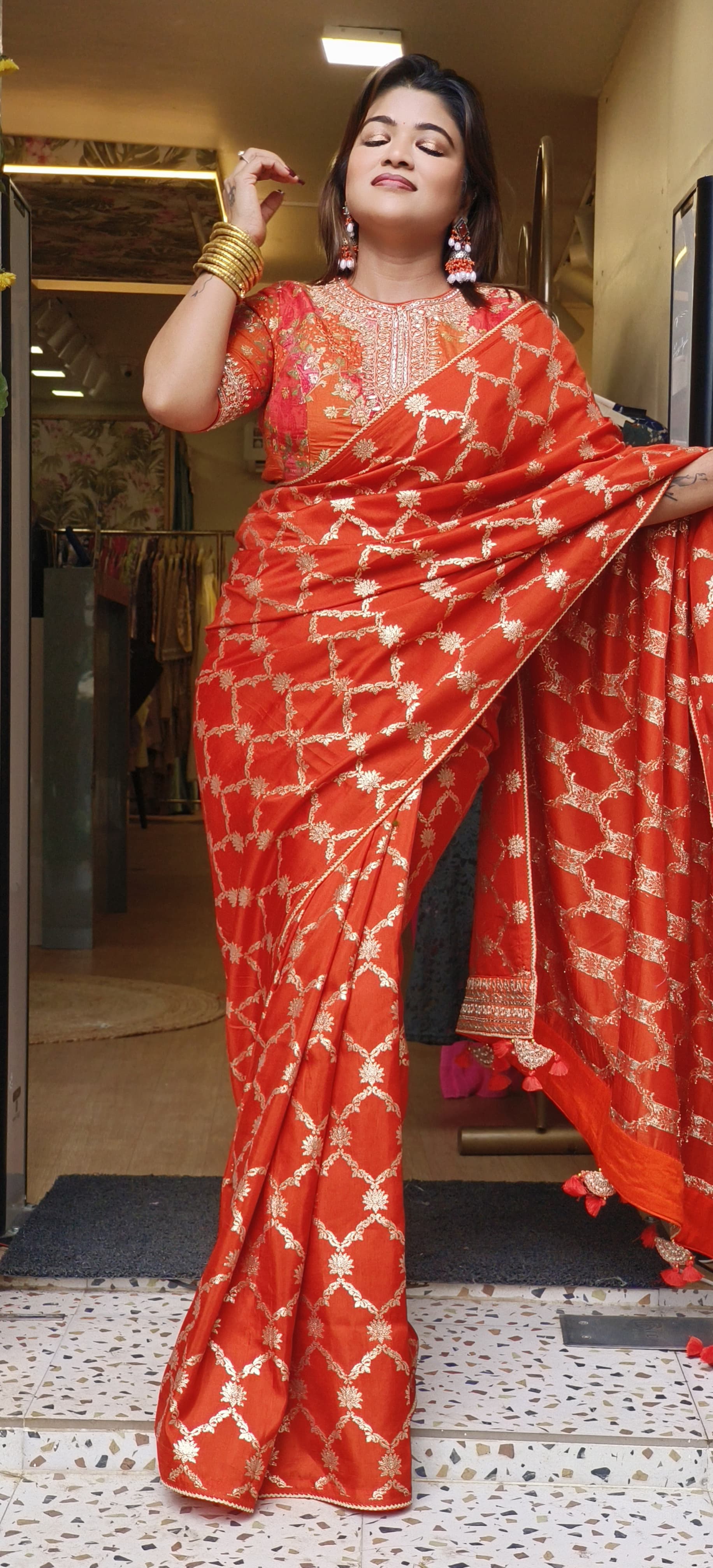 Pure Silk Saree With Embroidery Stitched Floral Print Blouse DRYWASH-