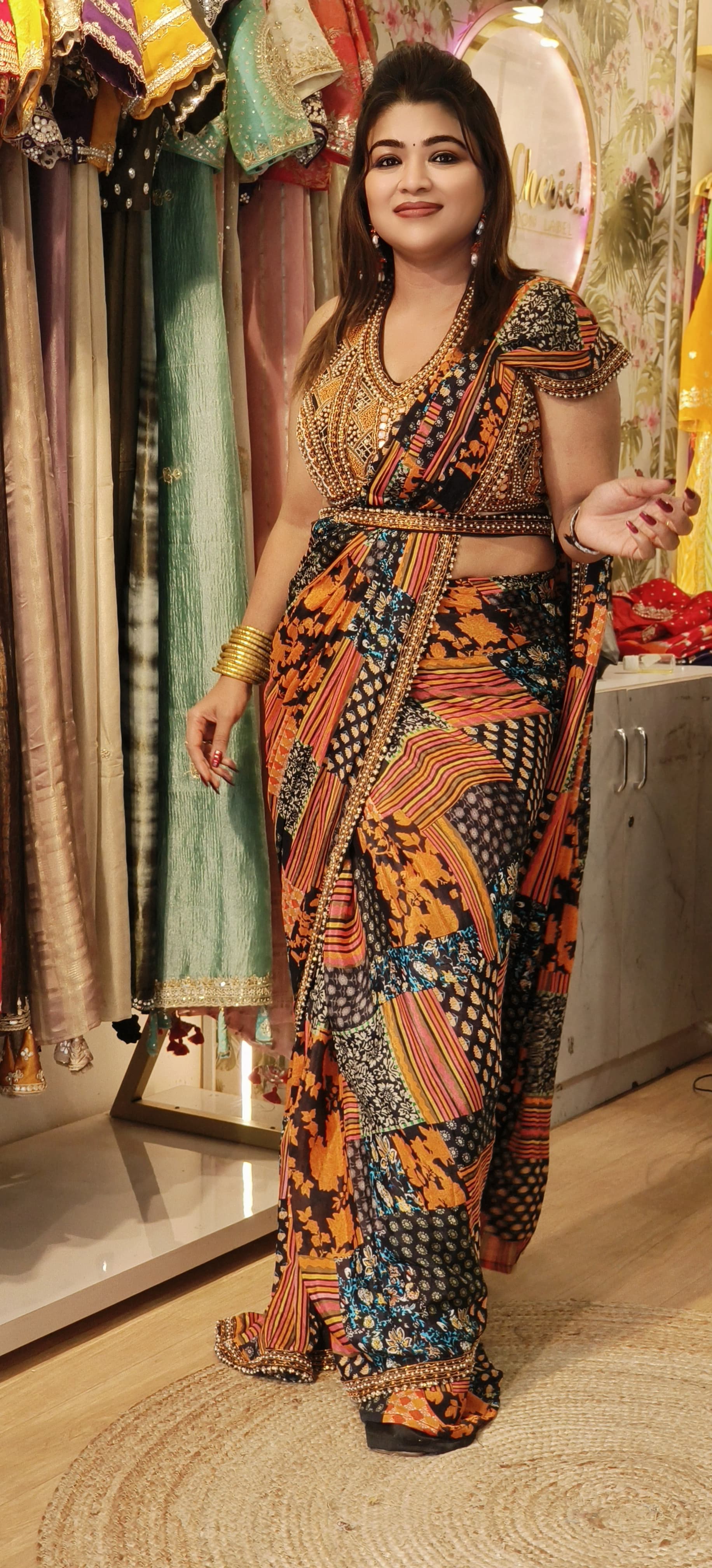 Halter Neck Designer Stylish Multi Color  Heavy Embroidery Blouse  Drape saree with Belt