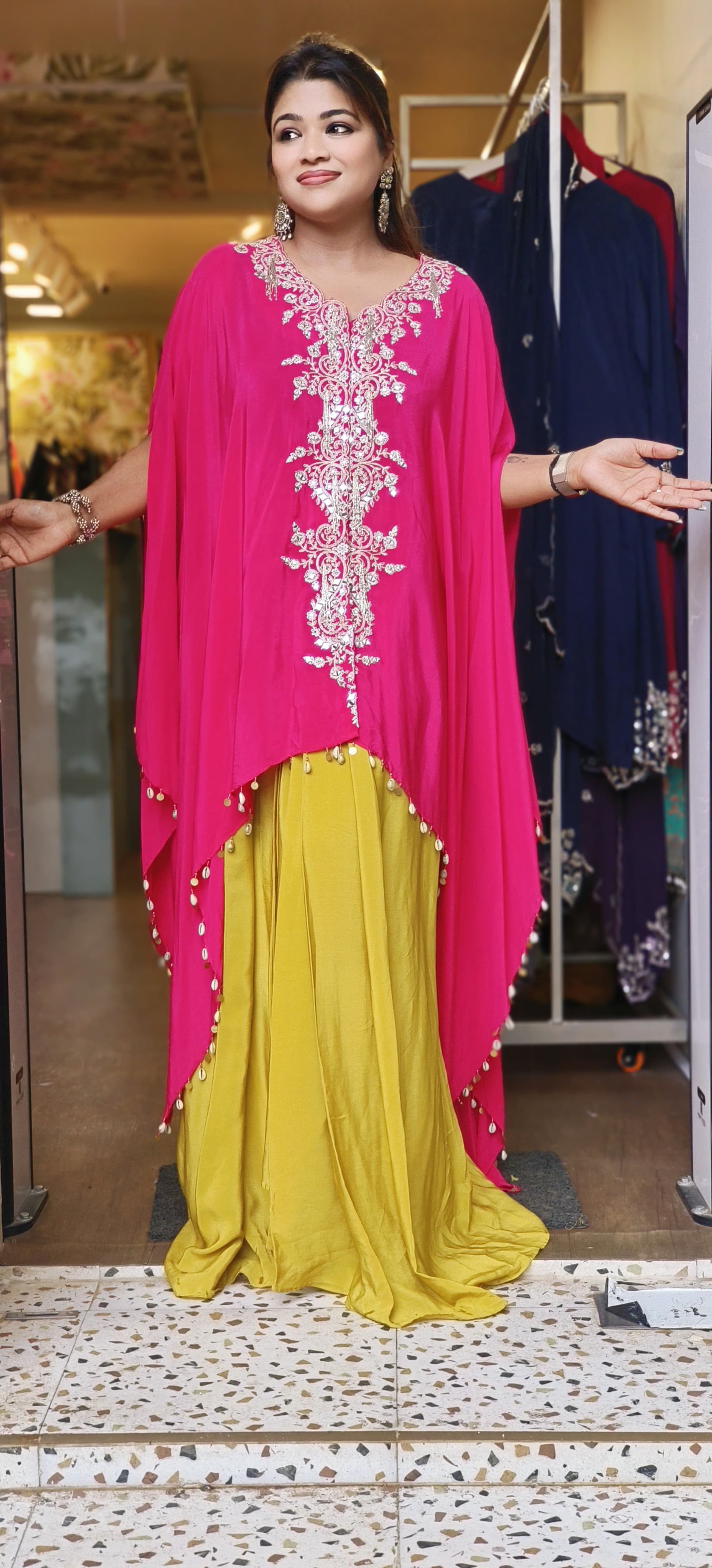 Luxe Pink and Yellow Kaftan Set with Silver Embroidery - Flowing Cape Style Top with Drape Skirt and Pearl Drop Details-DRYWASH