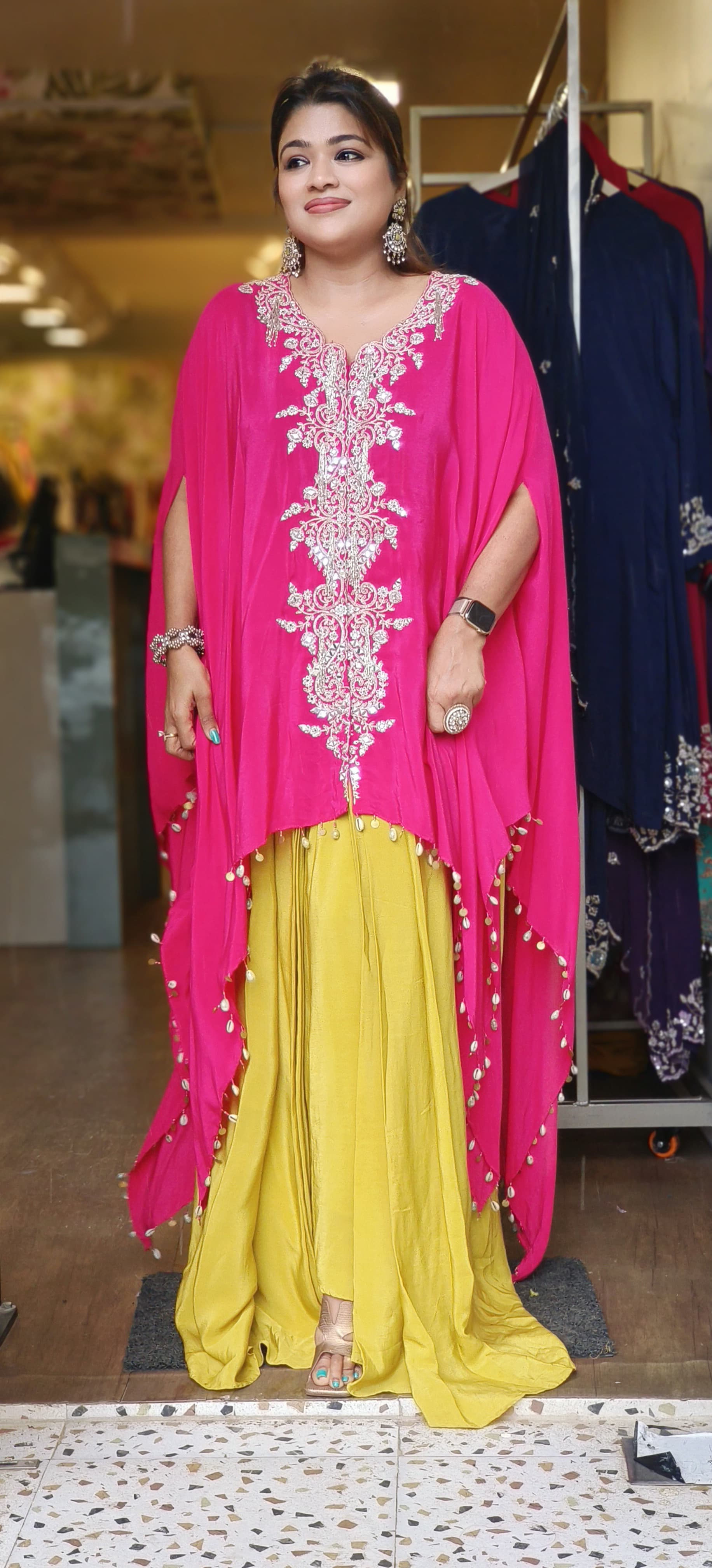 Luxe Pink and Yellow Kaftan Set with Silver Embroidery - Flowing Cape Style Top with Drape Skirt and Pearl Drop Details-DRYWASH