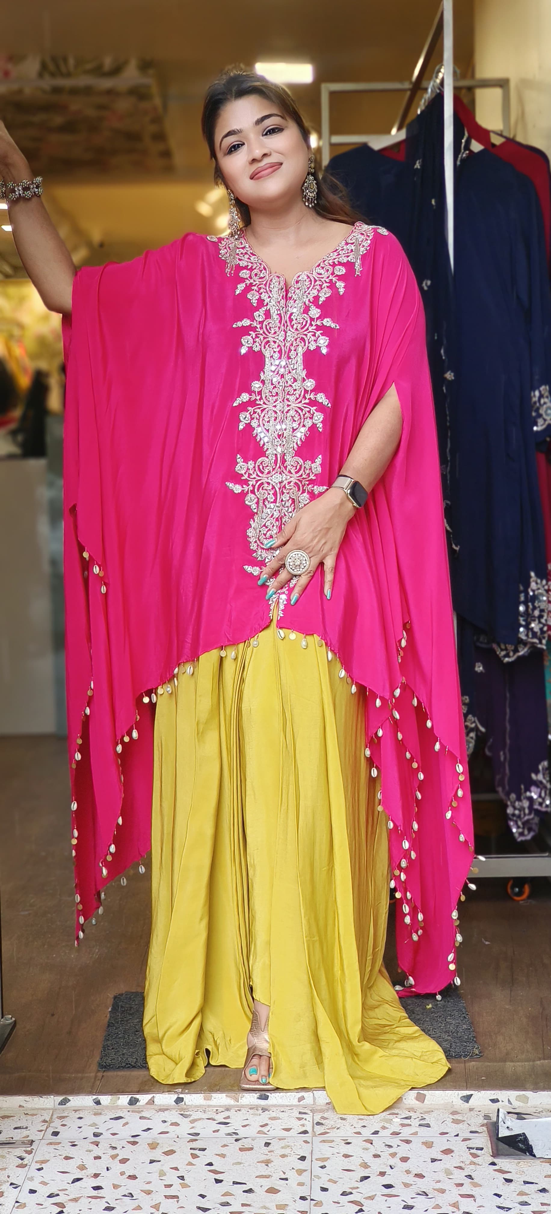 Luxe Pink and Yellow Kaftan Set with Silver Embroidery - Flowing Cape Style Top with Drape Skirt and Pearl Drop Details-DRYWASH