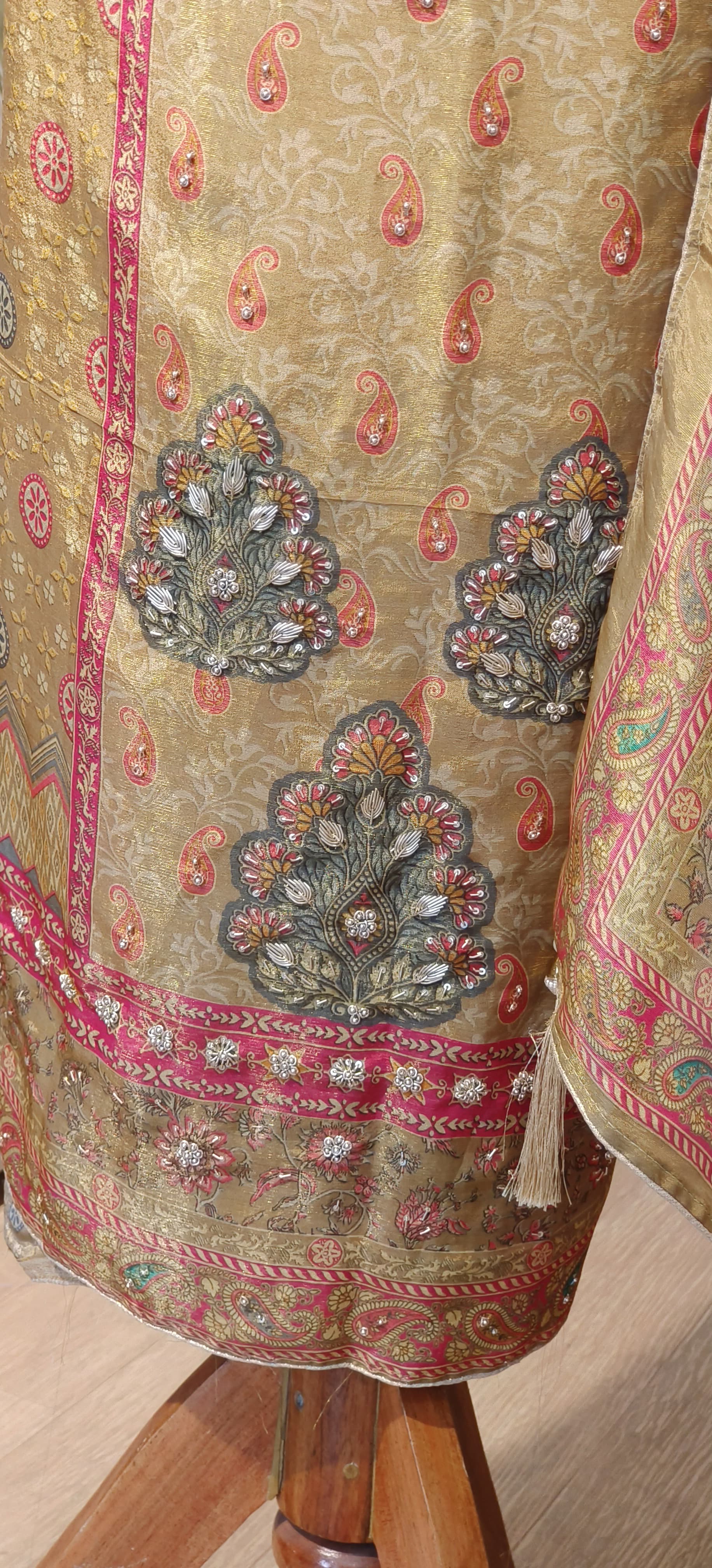 Beautiful Zardosi Work Floral Print Unstitched Full Set-