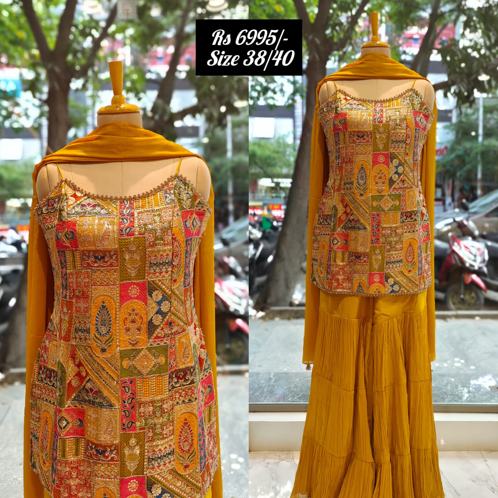 Thread Embroidered Beautiful Strap Kurta with Georgette Sharara and Dupatta