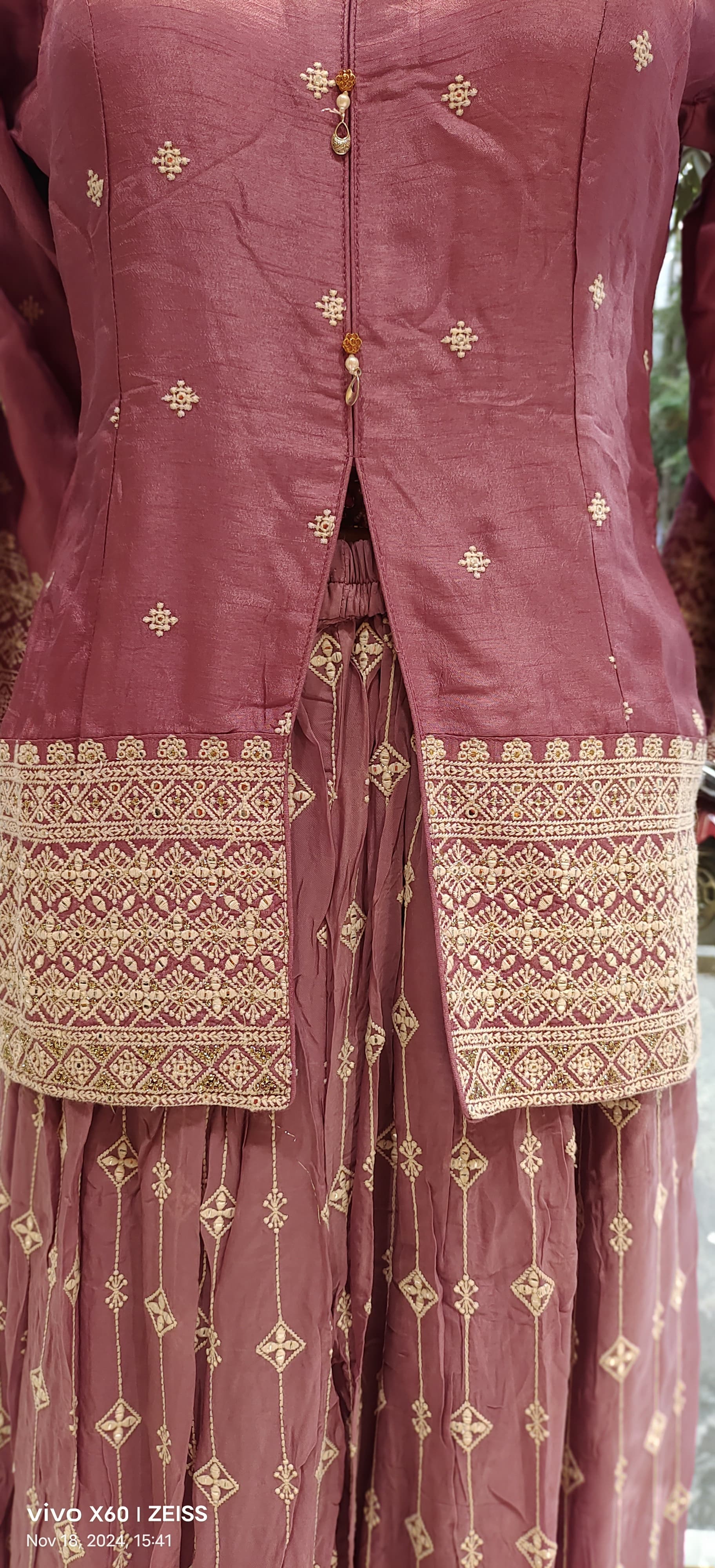 Front Slit Party wear Chinon Padded Top with Embroidered Palazzo and Dupatta