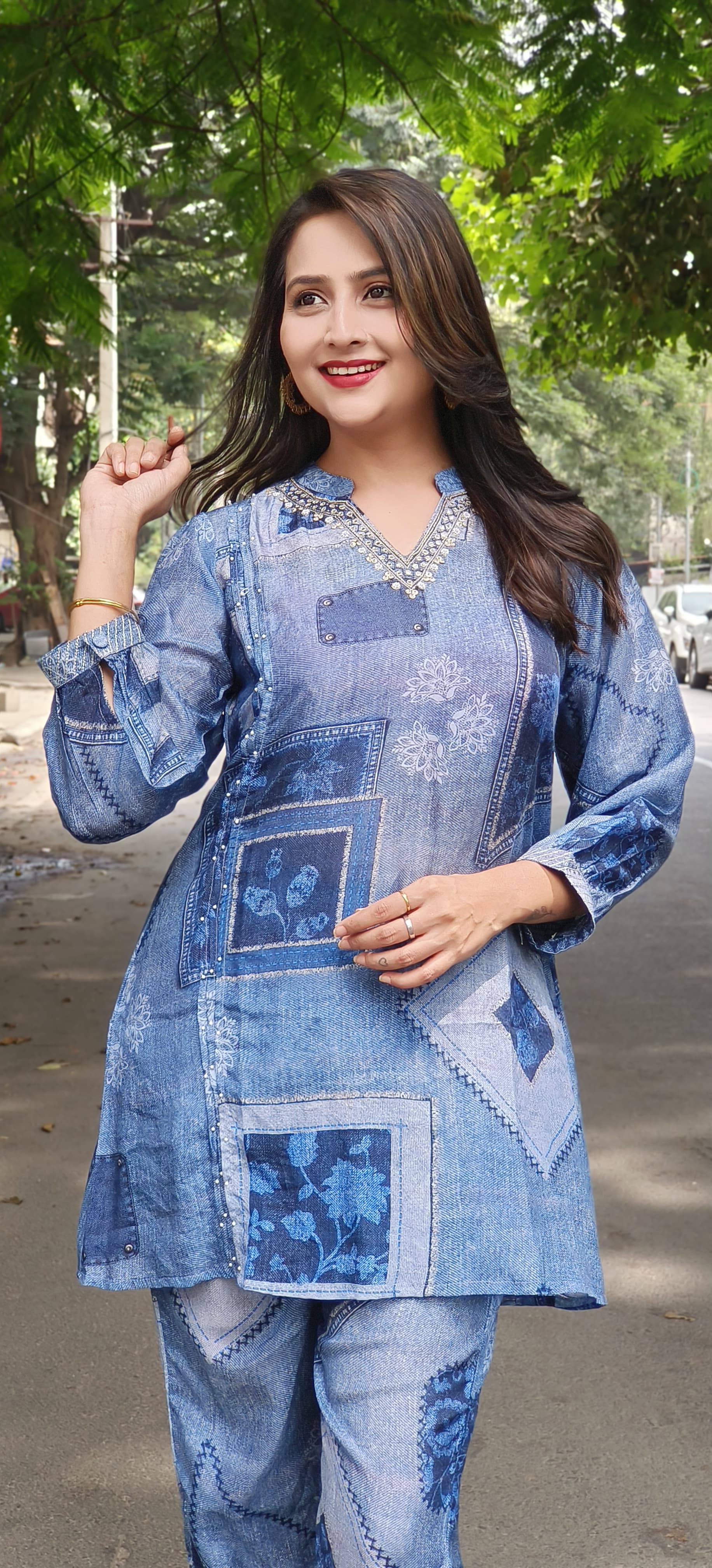 Denim Look Print Muslin Cord set  with V-Neck Embroidery-07683-07688