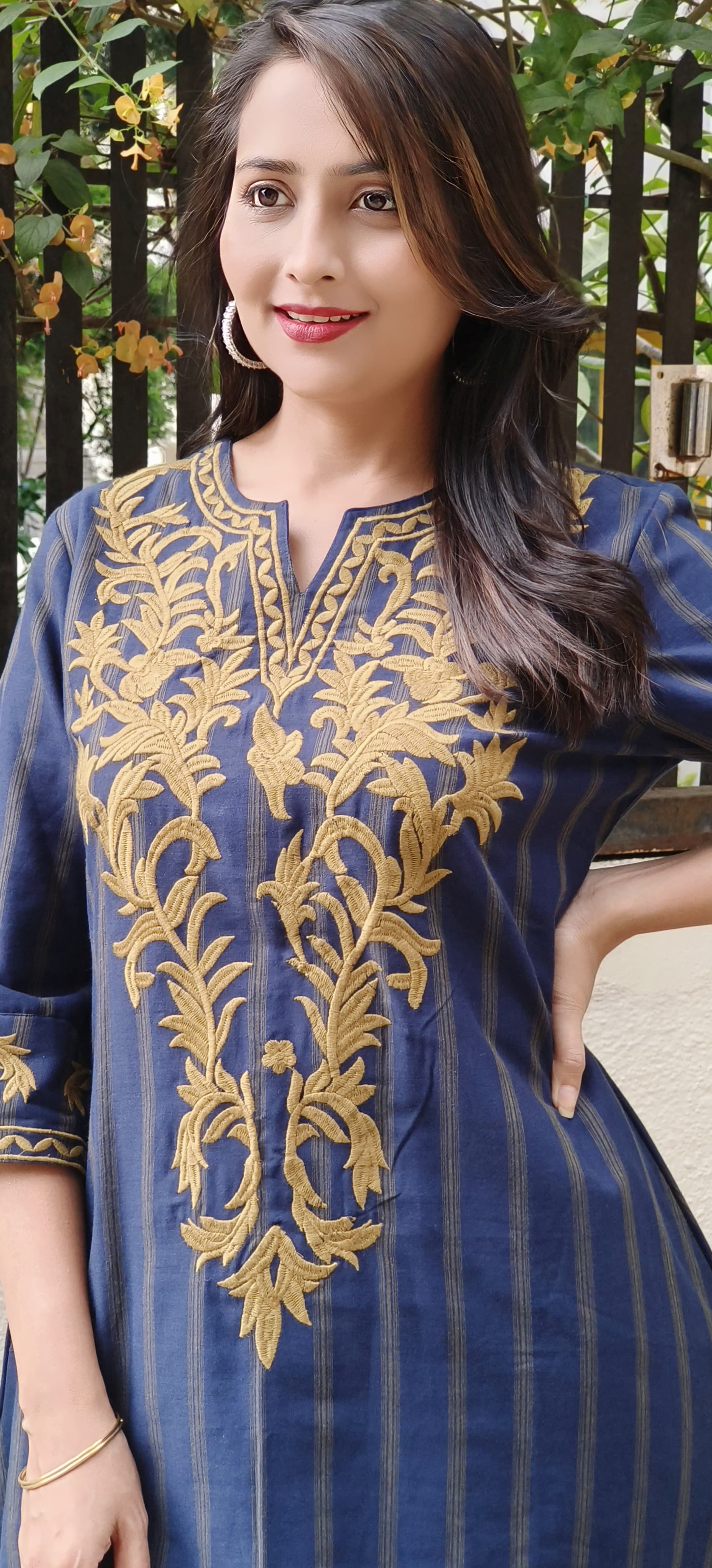 Thick Cotton Stripe With Embroidery Kurta With pocket And Pant