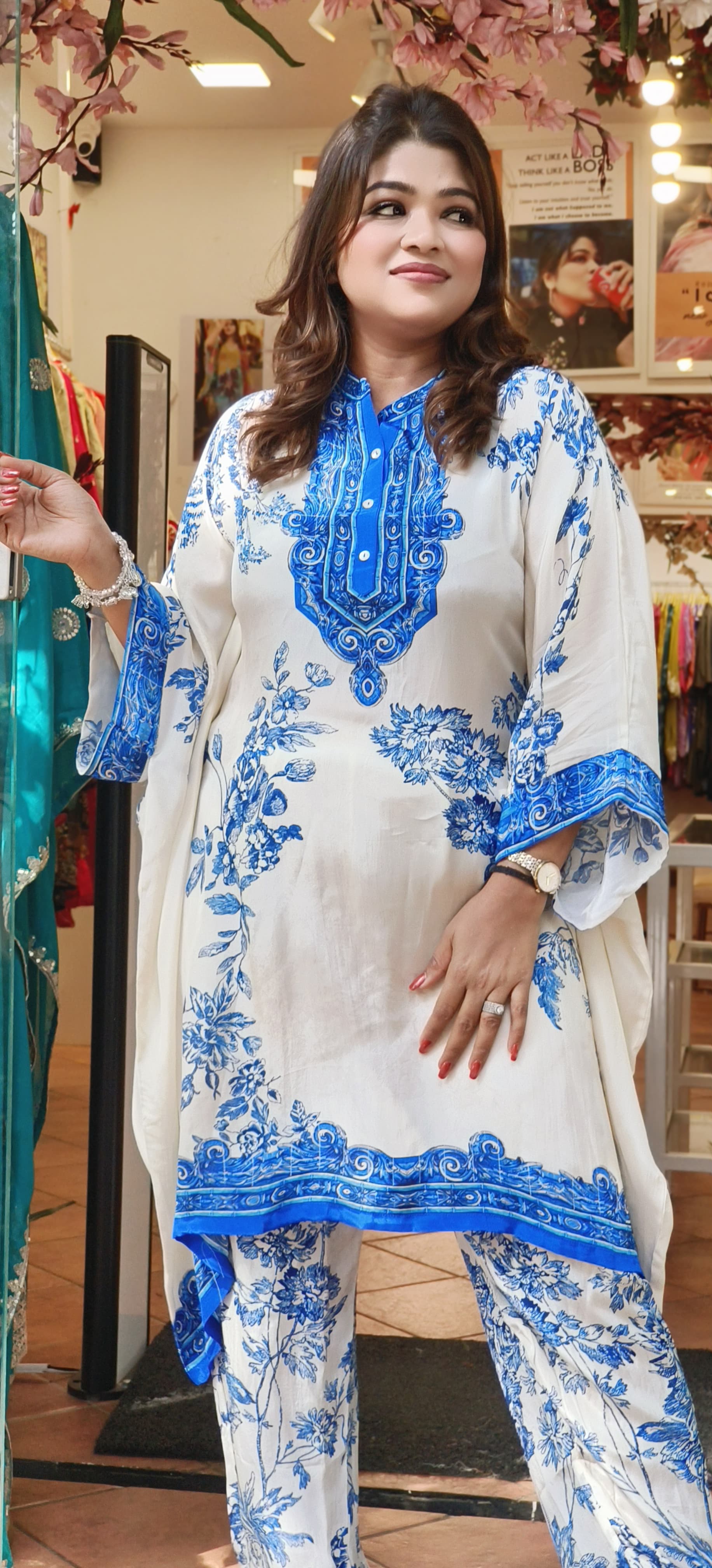 Beautiful  Crape Floral Printed Kaftan with Side Stich and Printed Bottoms-07739-40