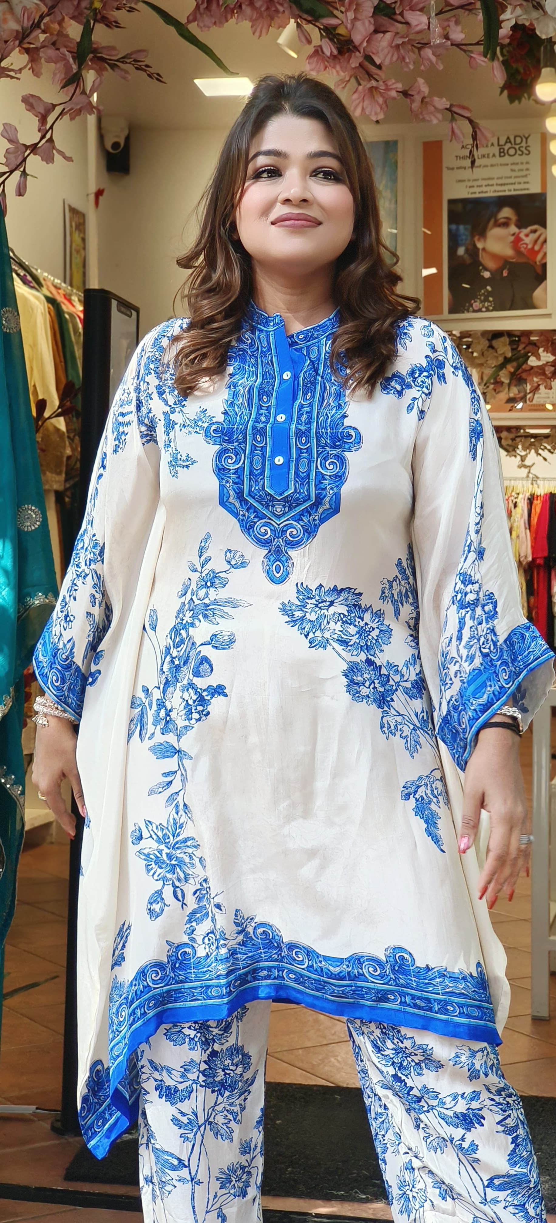 Beautiful  Crape Floral Printed Kaftan with Side Stich and Printed Bottoms-07739-40