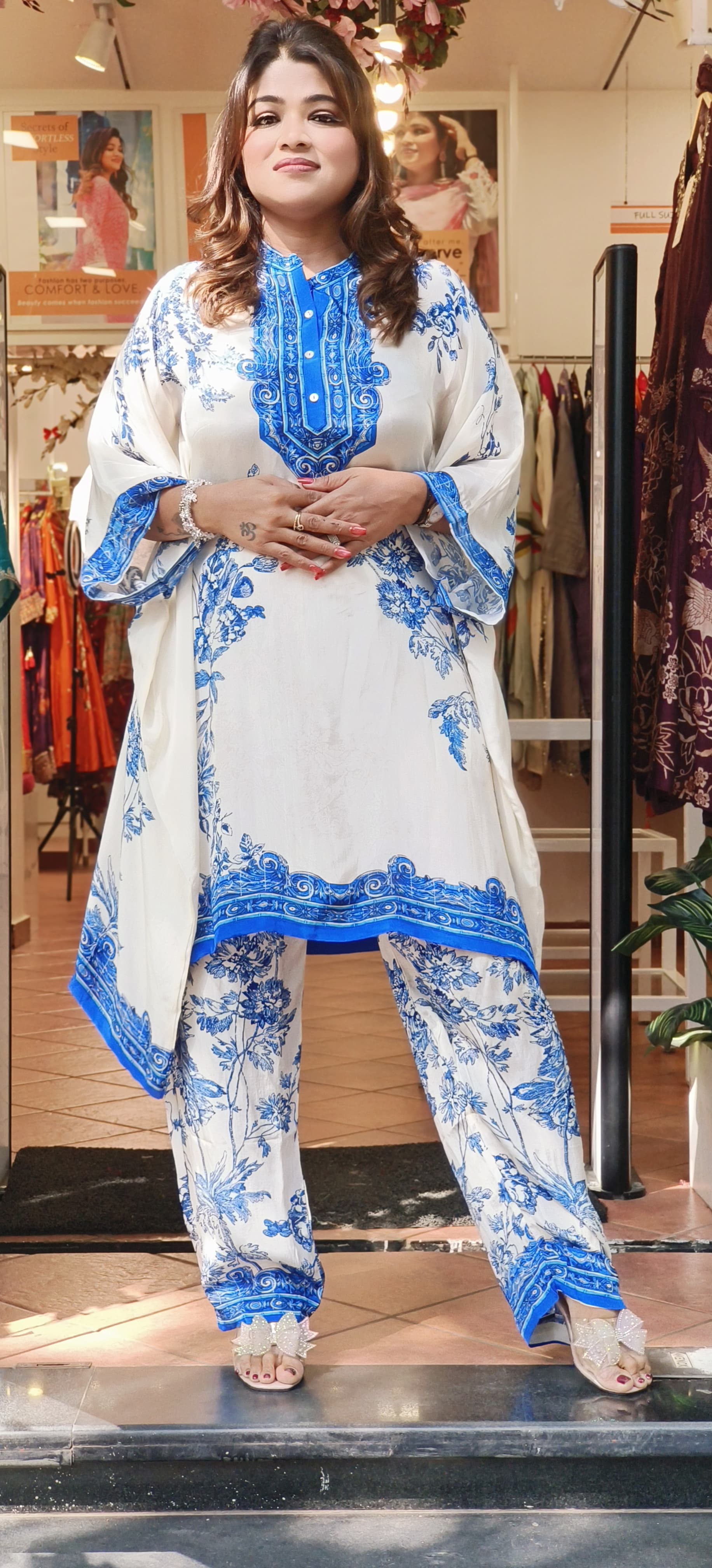 Beautiful  Crape Floral Printed Kaftan with Side Stich and Printed Bottoms-07739-40