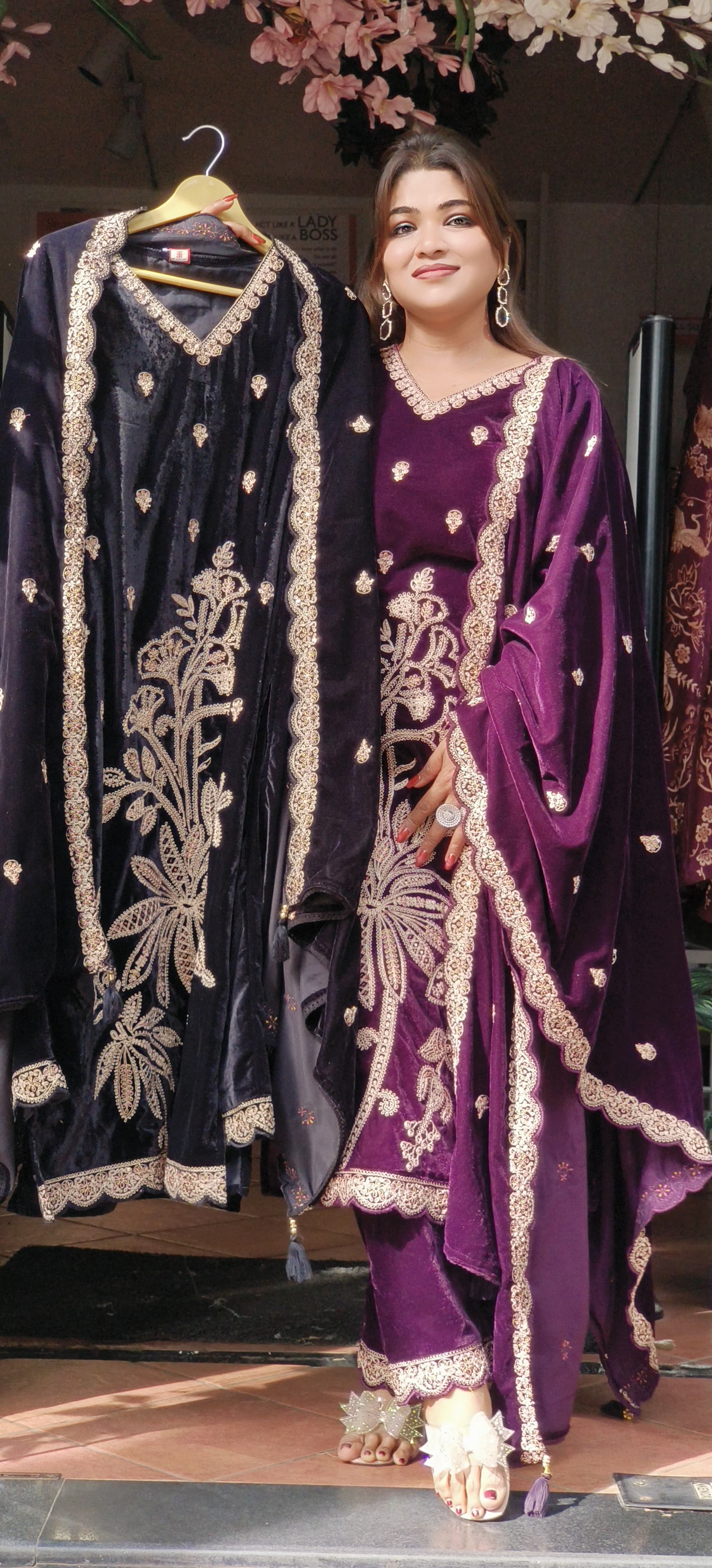 Beautiful embroidered Velvet full suit set with Pant and Dupatta