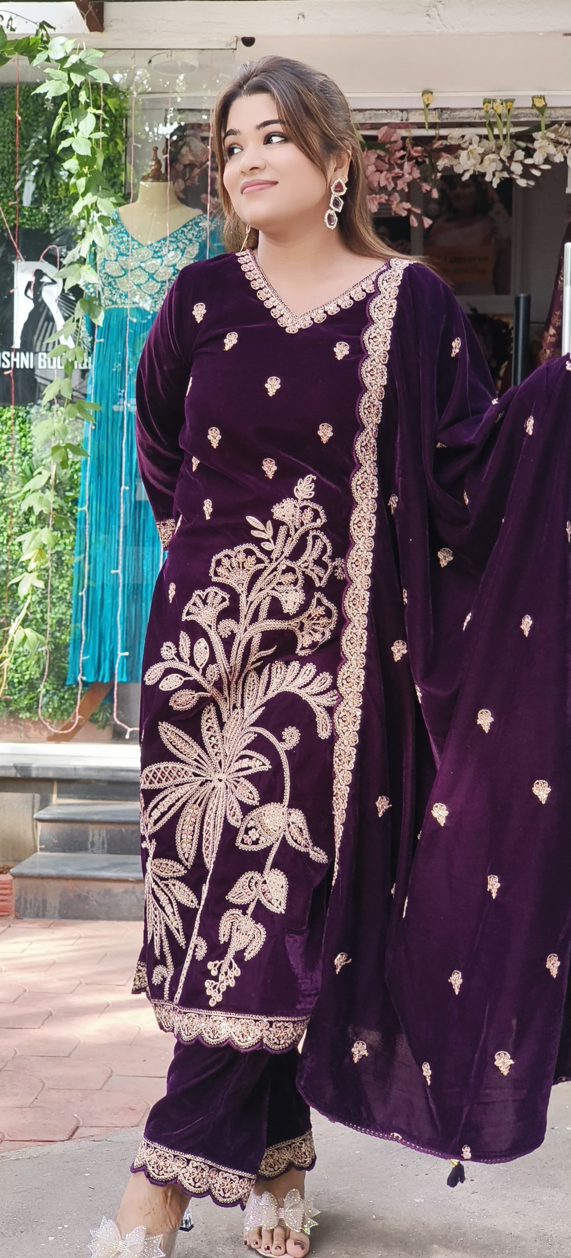 Beautiful embroidered Velvet full suit set with Pant and Dupatta