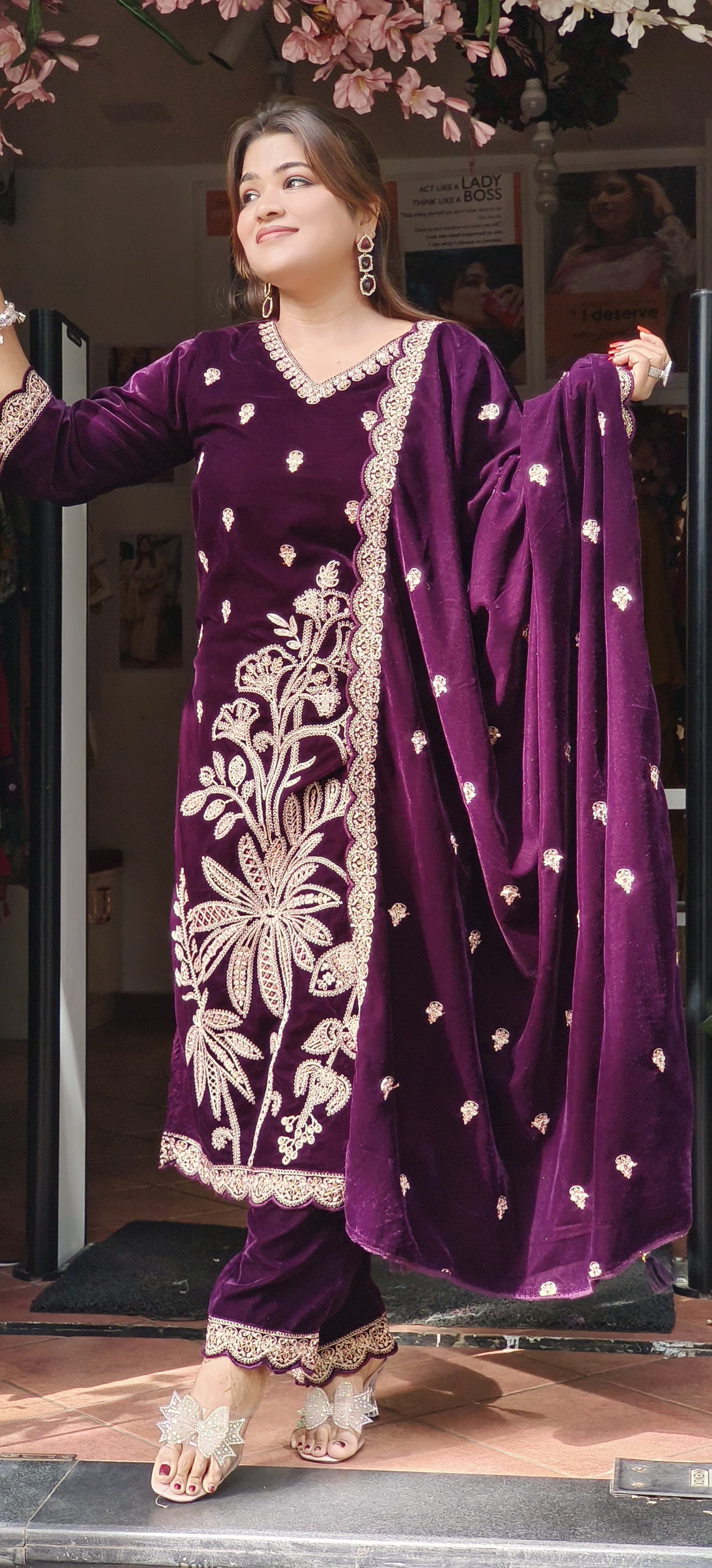 Beautiful embroidered Velvet full suit set with Pant and Dupatta