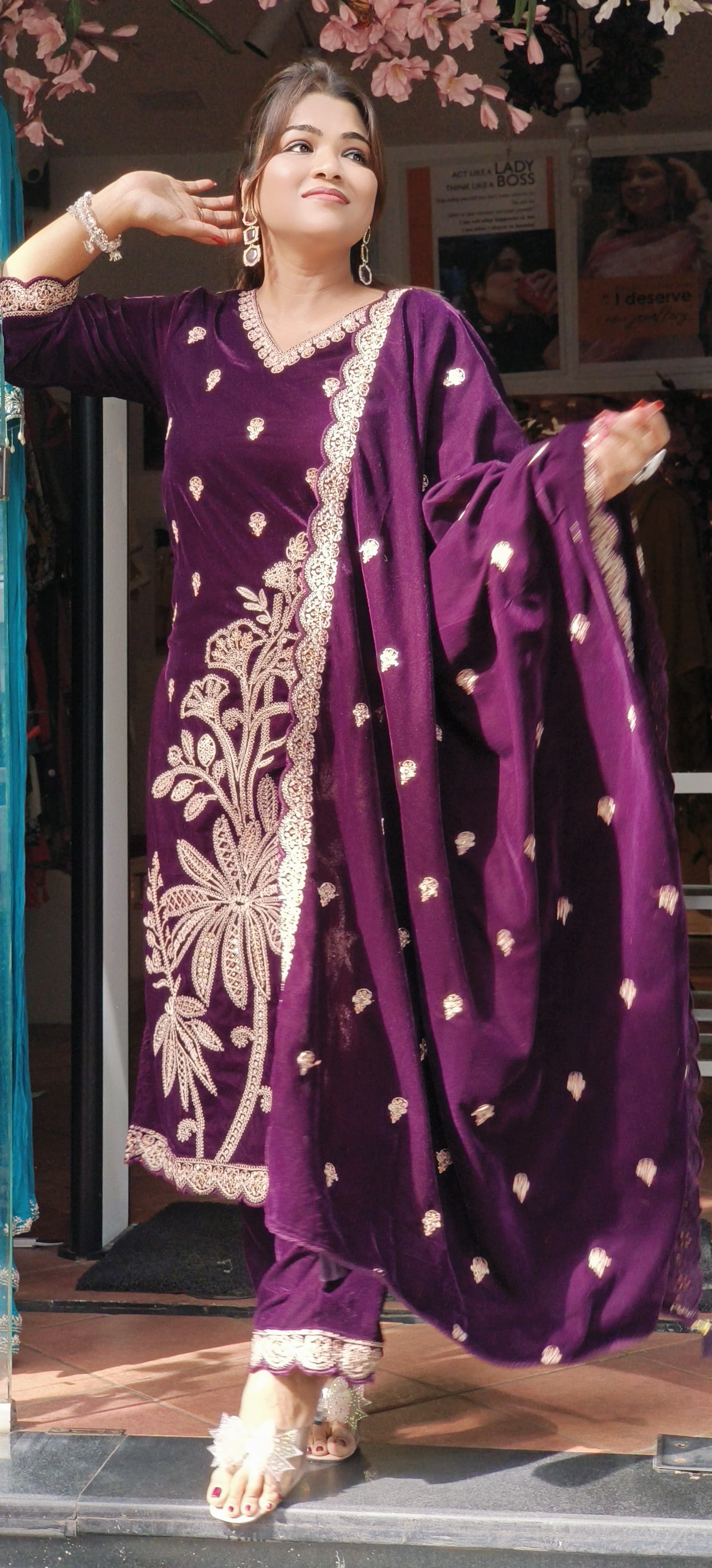 Beautiful embroidered Velvet full suit set with Pant and Dupatta