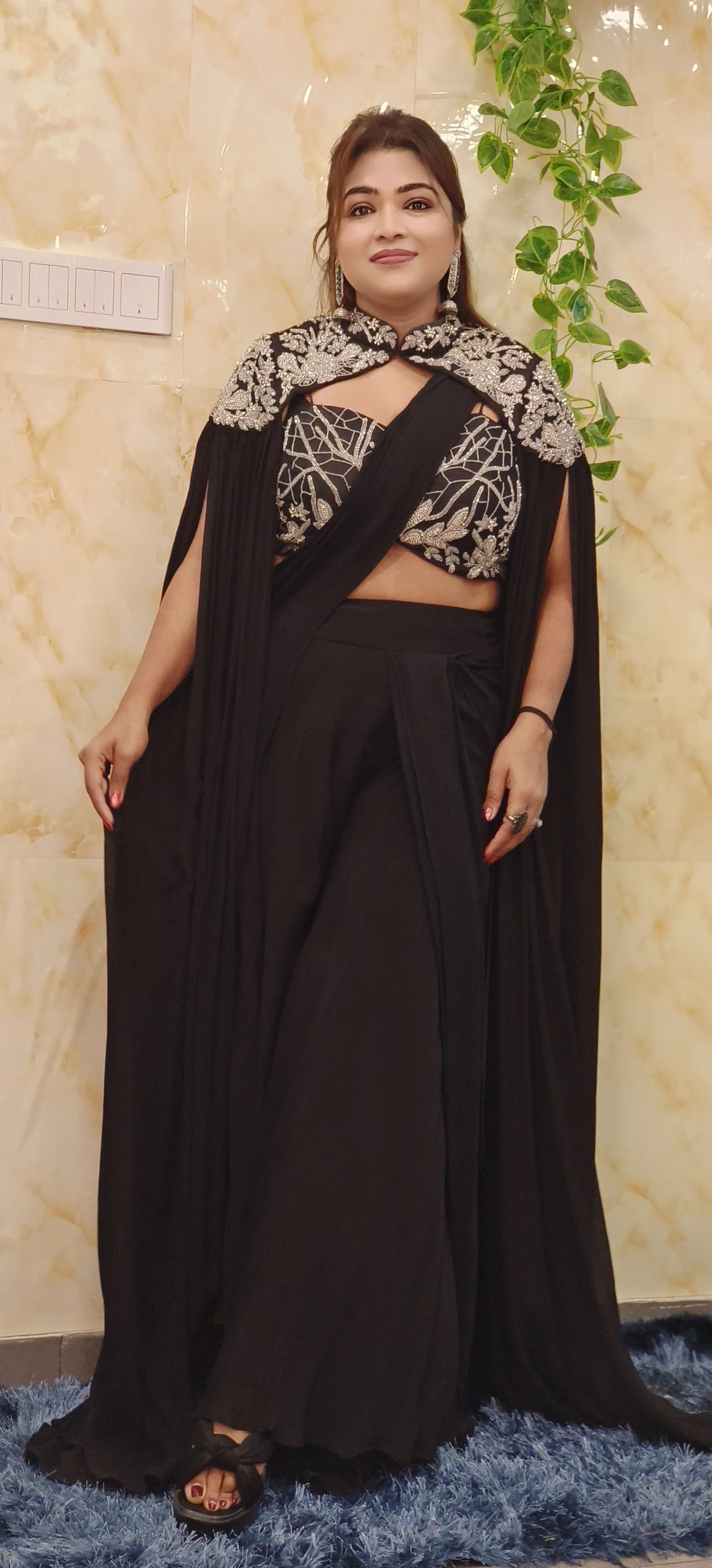 A stylish and sophisticated ensemble featuring a beautifully embroidered cape paired with tailored Palazzo, Perfect for any event. DRY WASH-