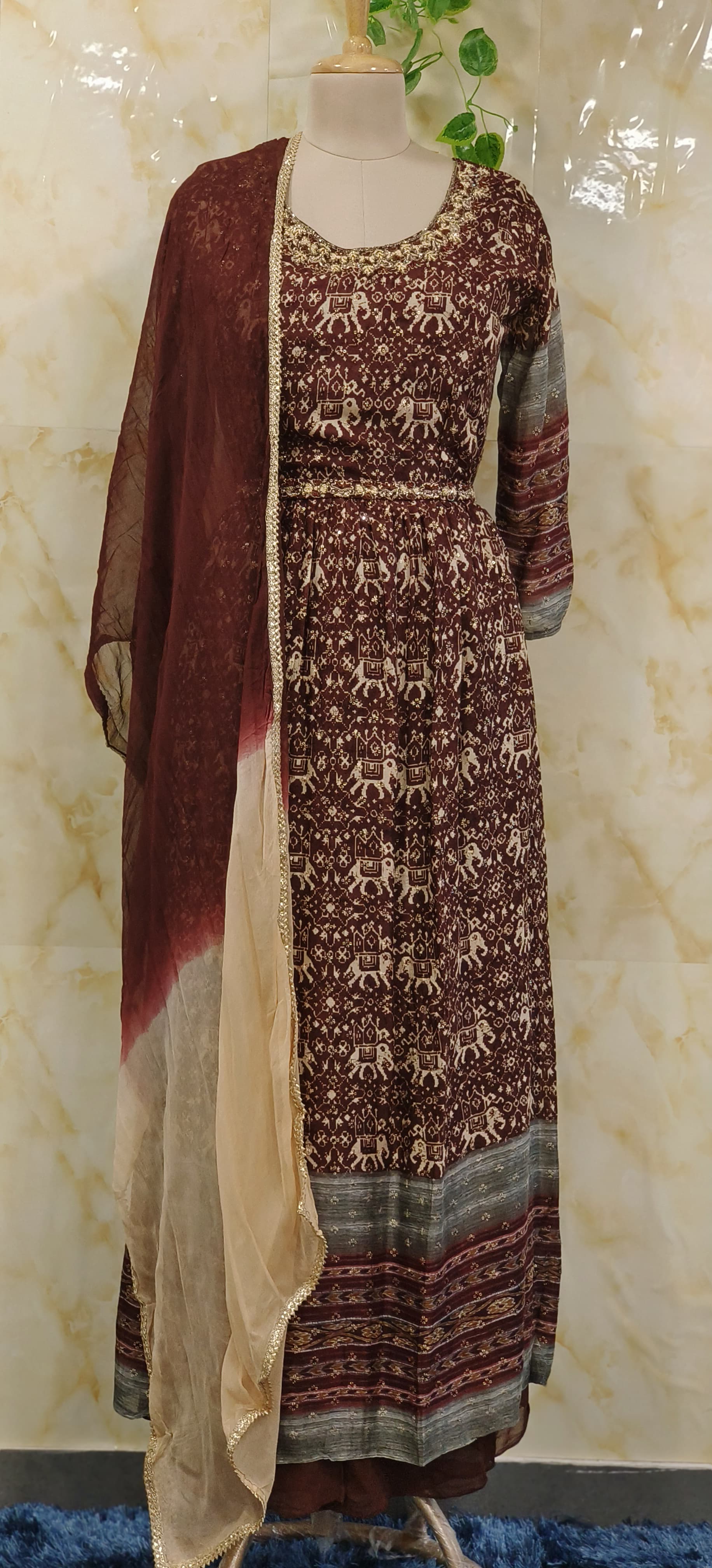 Ajrak print Embroidered Kurta pant and dupatta with Embroidered Belt