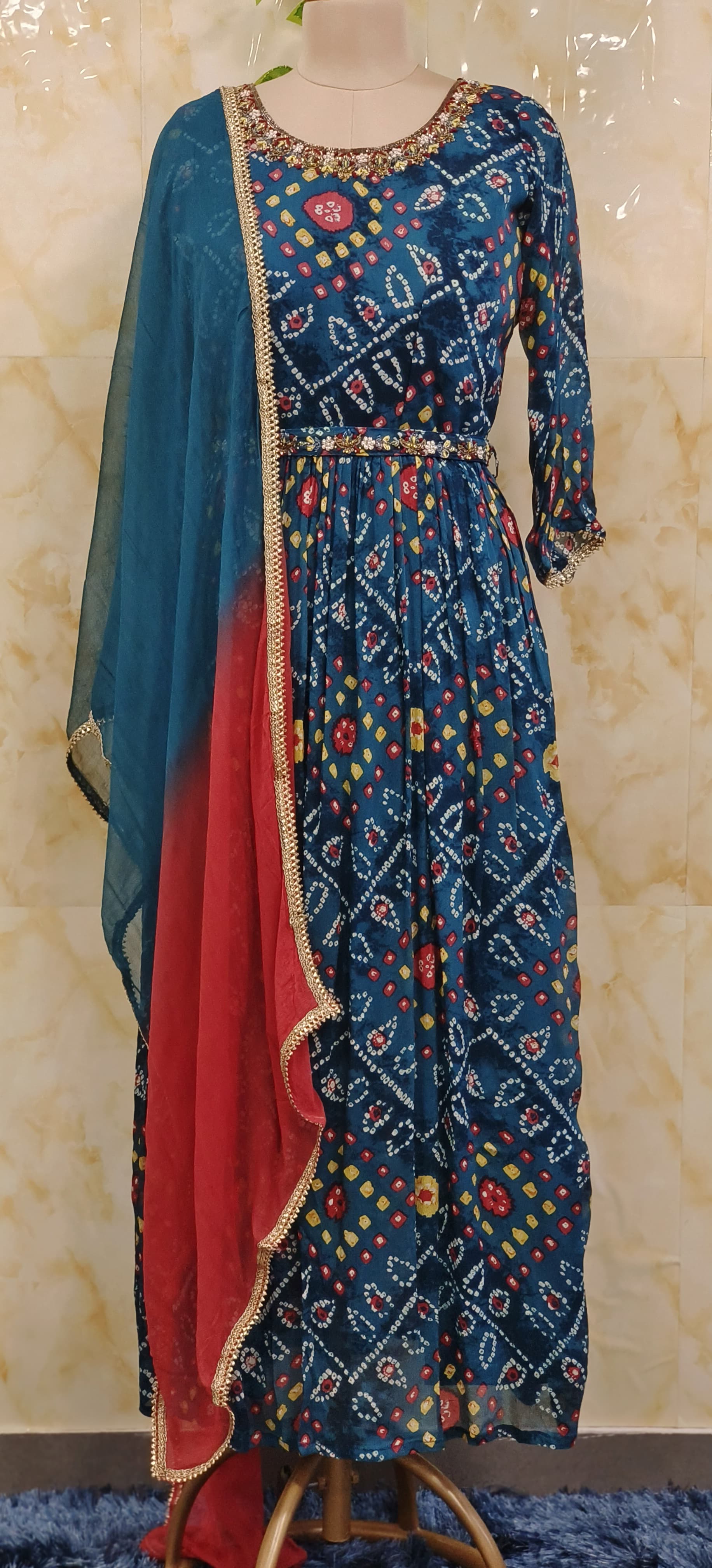 Bandani Print Embroidered Neck Nyra cut Kurta Pant and dupatta  with Belt