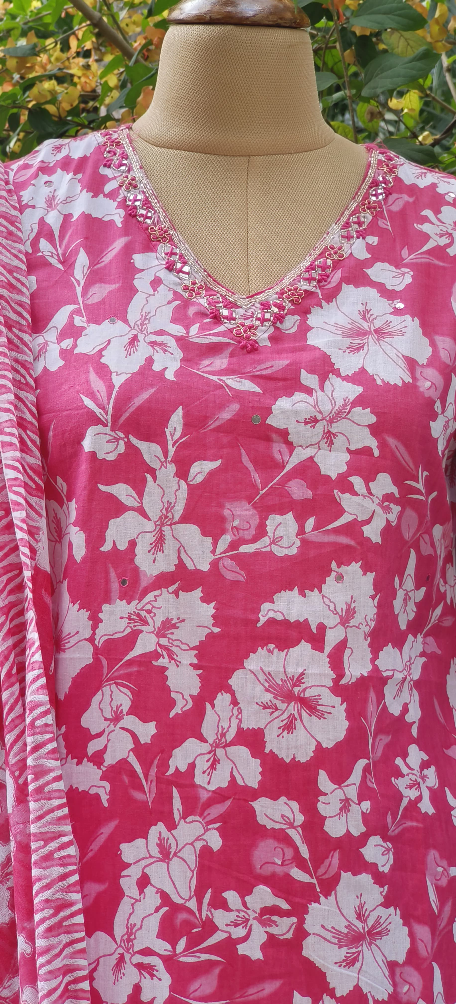 Embroidered Neck Floral Print Cotton Kurta with Pant And Dupatta