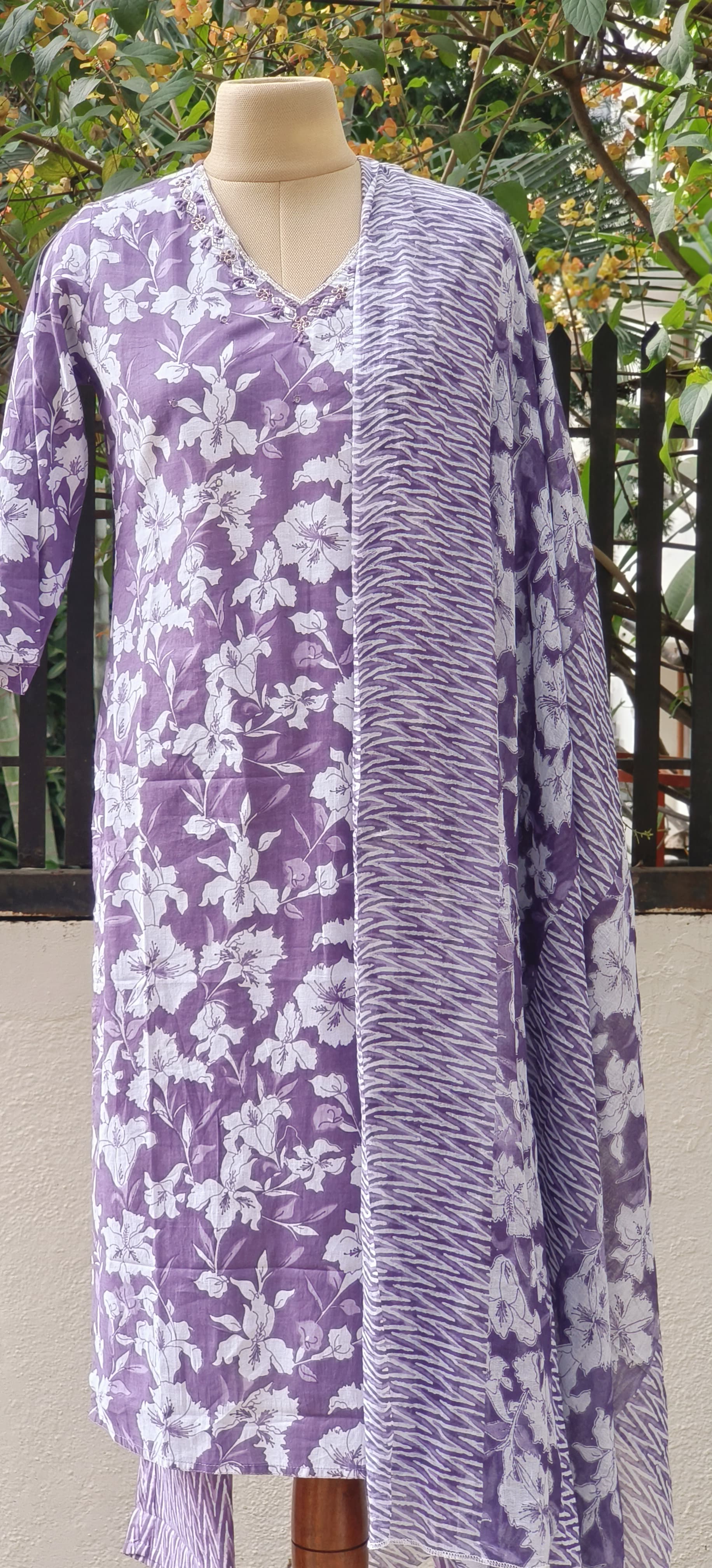 Embroidered Neck Floral Print Cotton Kurta with Pant And Dupatta