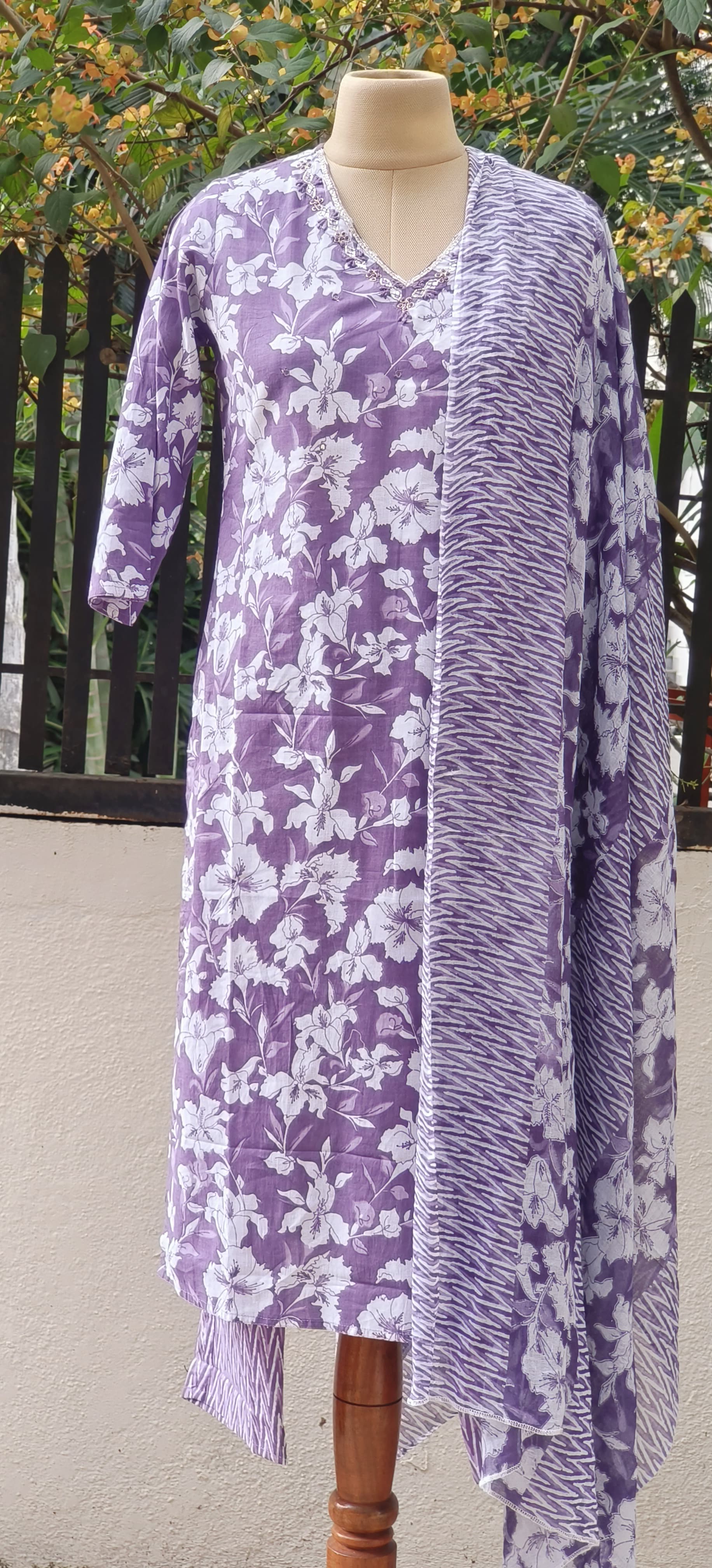 Embroidered Neck Floral Print Cotton Kurta with Pant And Dupatta