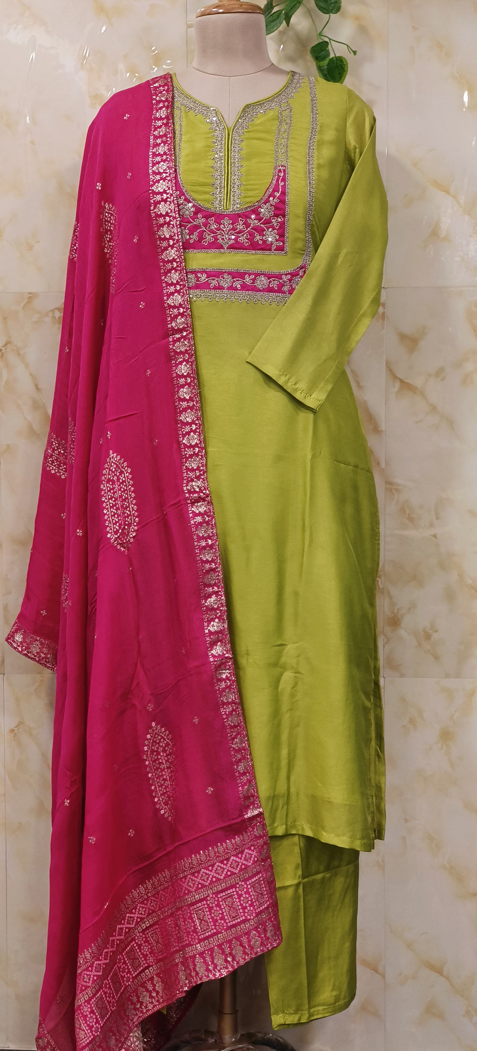 Beautiful Neon Green Zari Thread Embroidery Silk Kurta Pant Contrast Pink Dupatta