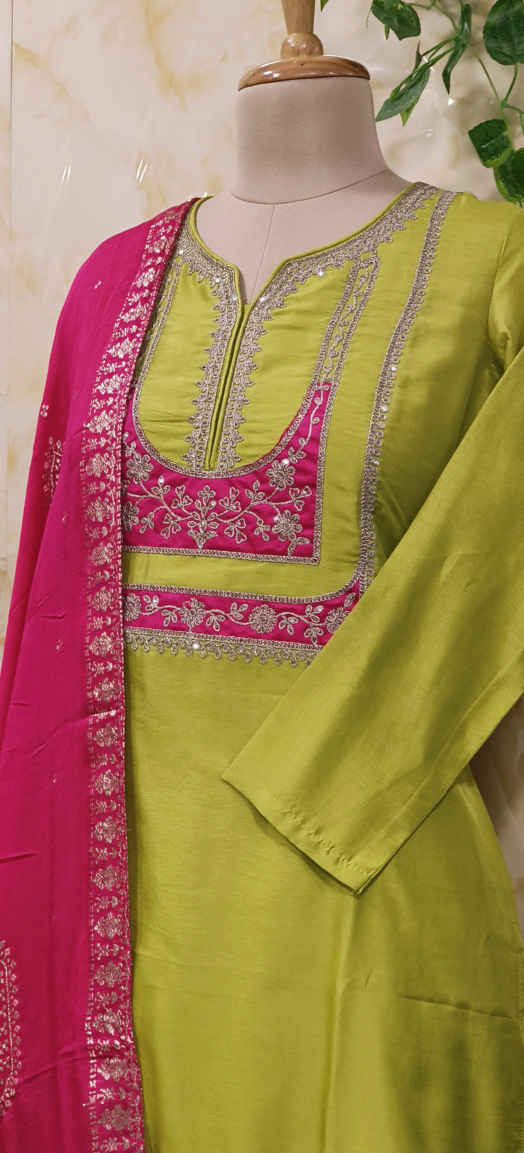 Beautiful Neon Green Zari Thread Embroidery Silk Kurta Pant Contrast Pink Dupatta