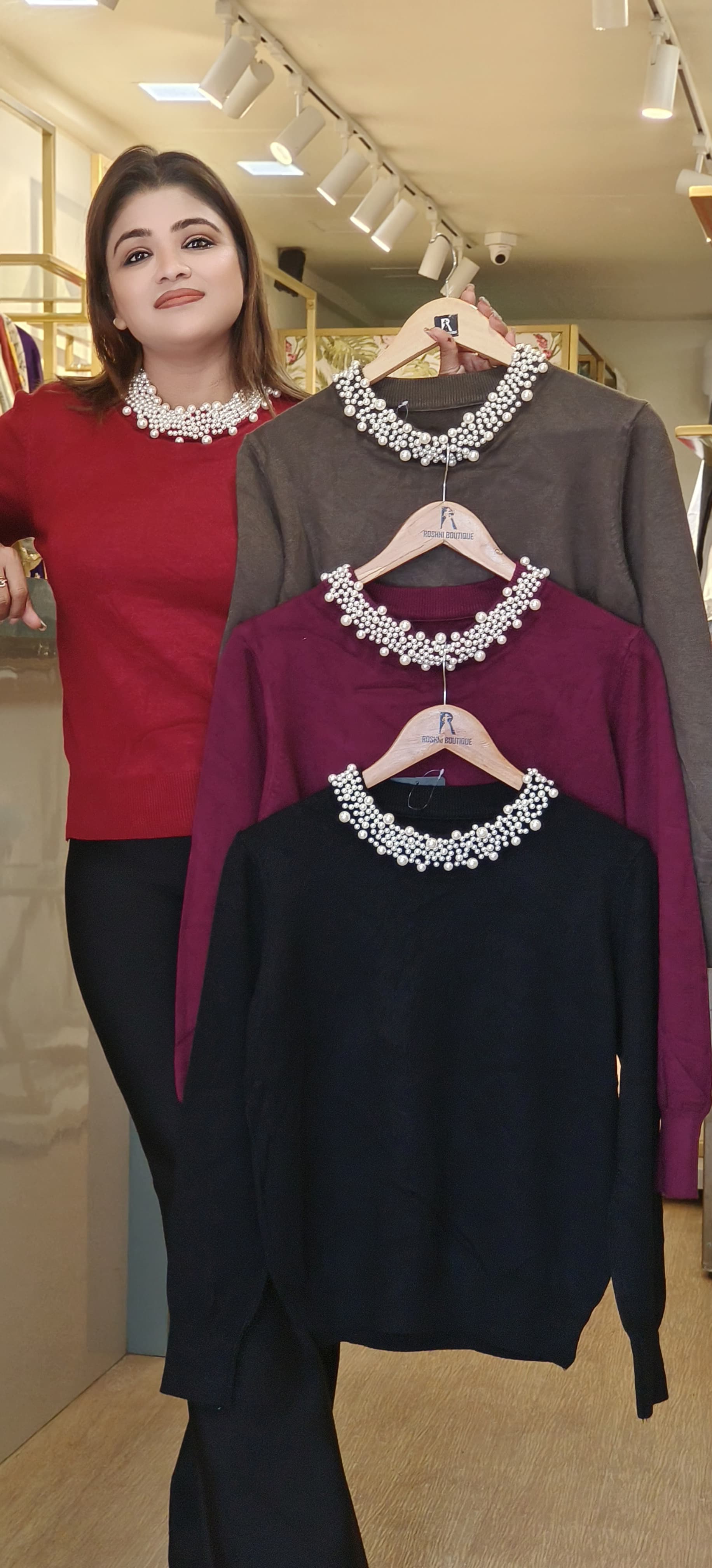 Beautiful Pearl Embroidered Neck Knitted winter wear-