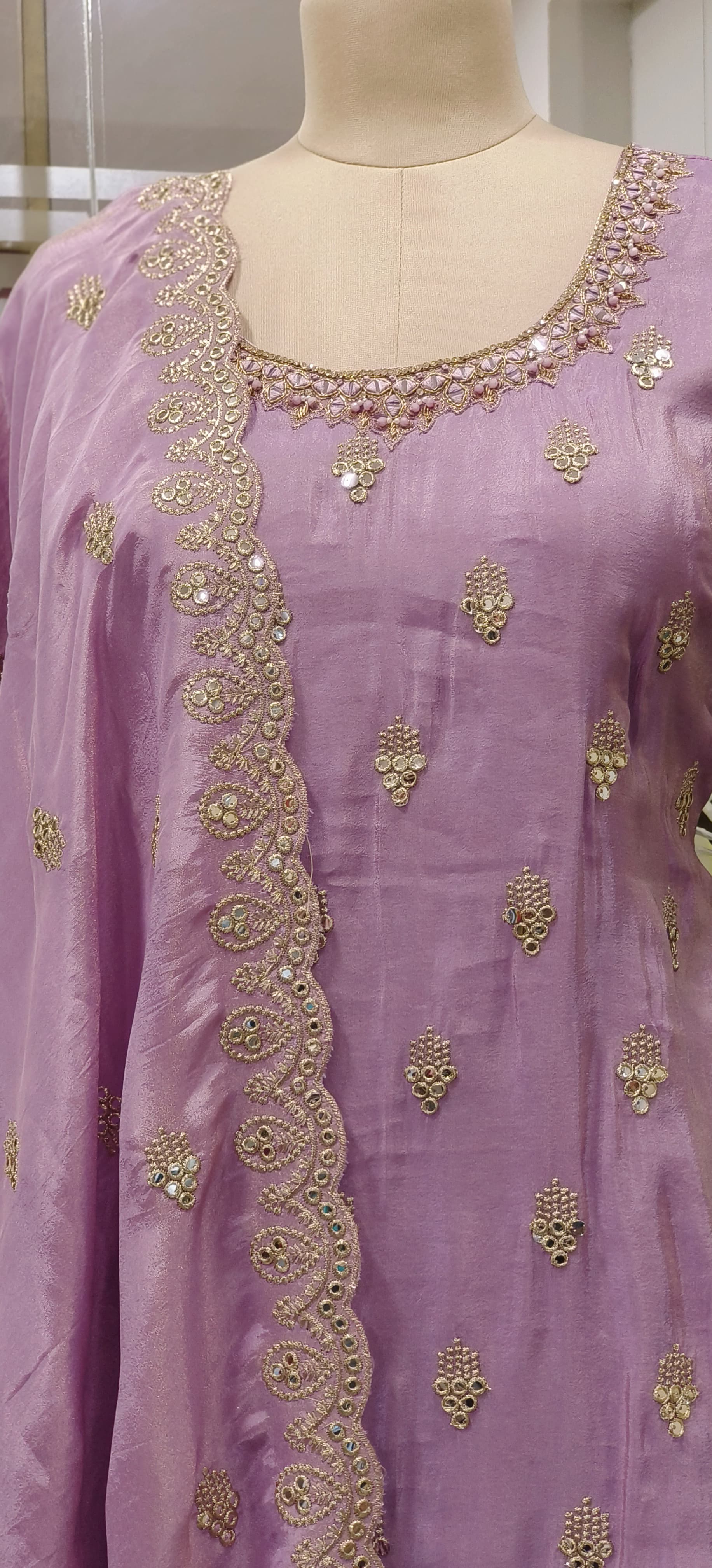 Heavy Party wear Shimmer Tissue Kurta, Palazzo with full mirror word embroidery  & Dupatta.  DRYWASH-07996-97