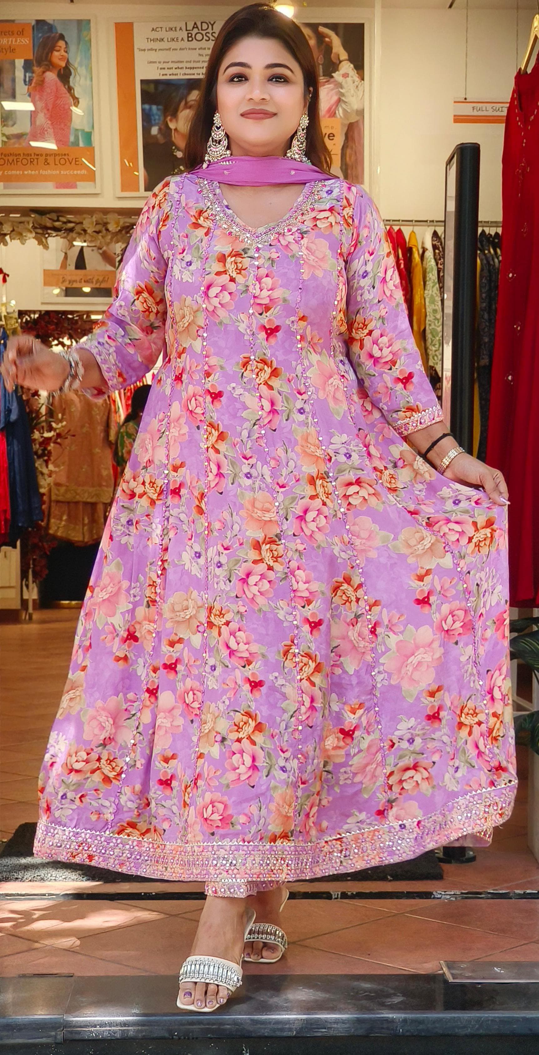 Pure Crape V-Neck Real Mirror Work Kali Cut Floral Printed Anarkali Full Set-08397