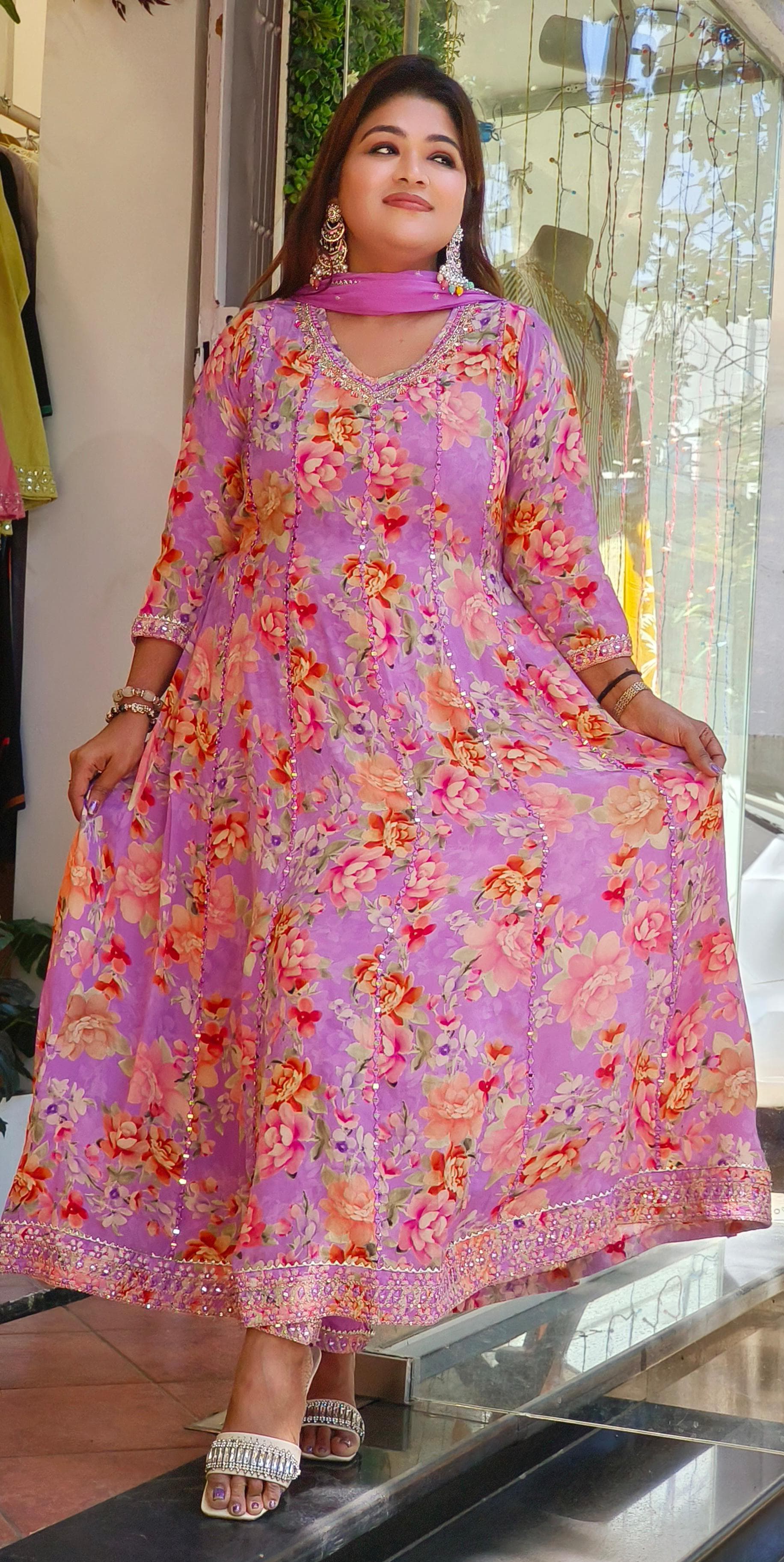 Pure Crape V-Neck Real Mirror Work Kali Cut Floral Printed Anarkali Full Set-08397